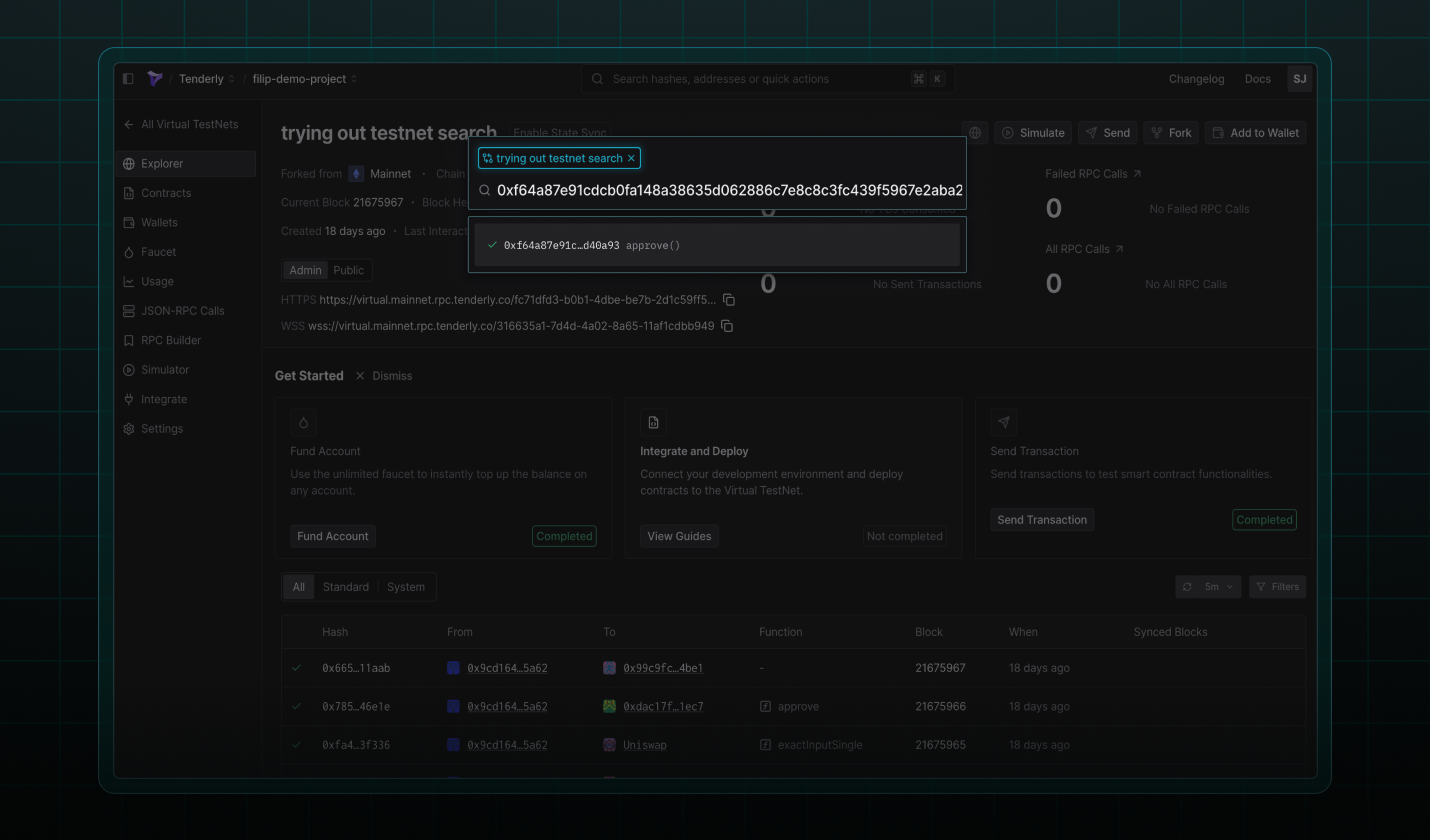 Searching for a transaction on a Virtual TestNet