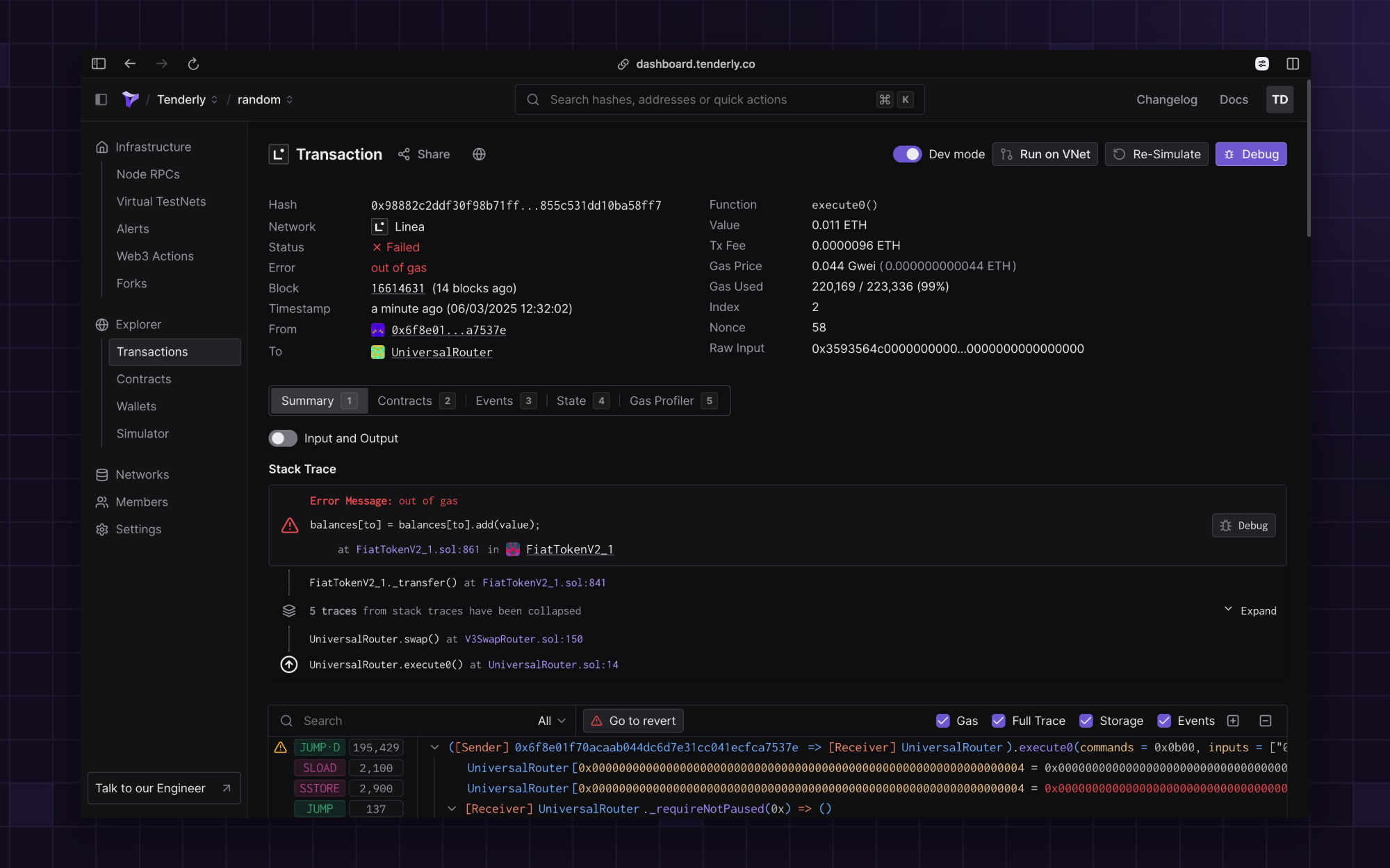 Inspecting a failed transaction on Linea with Tenderly