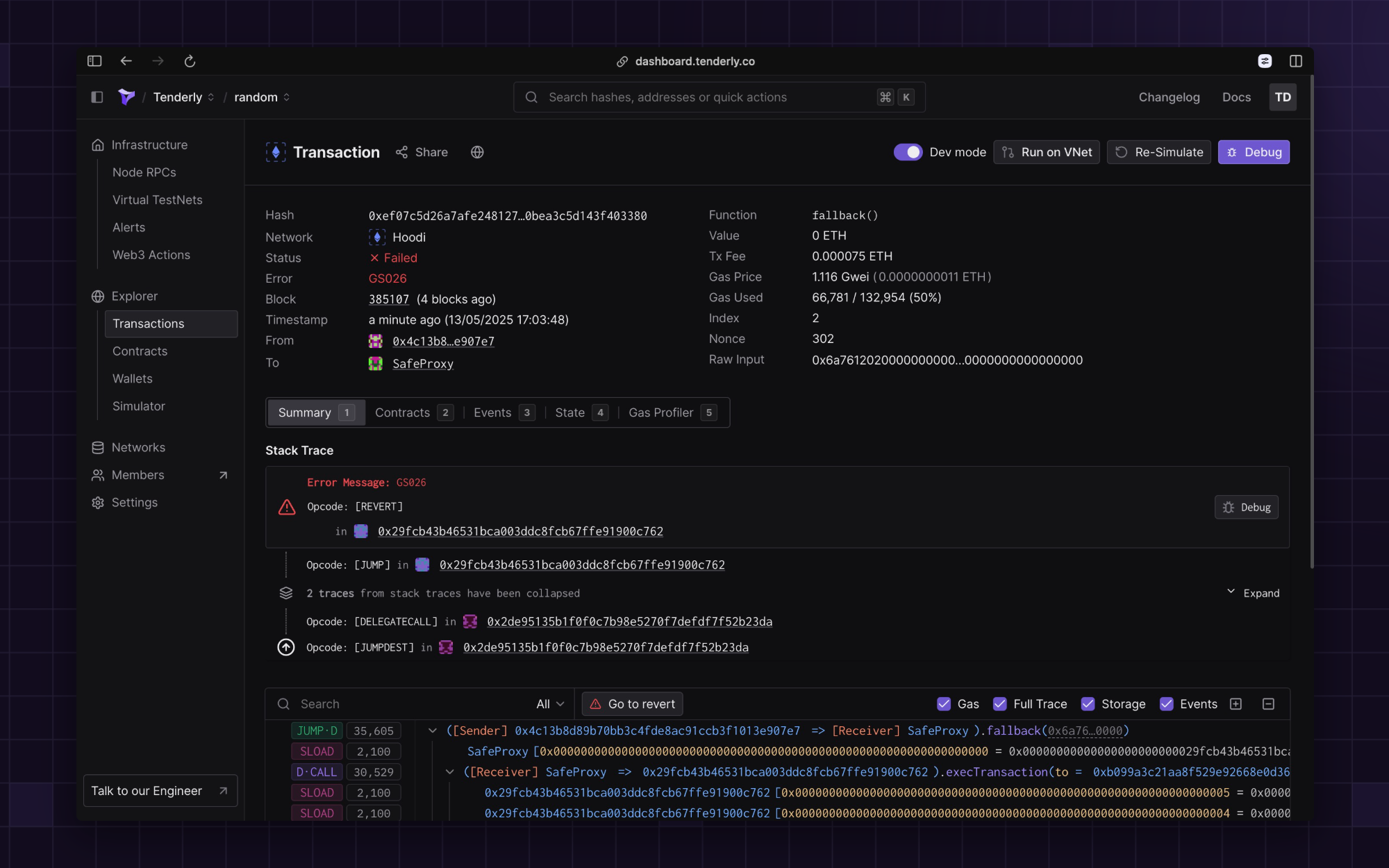 Inspecting a failed transaction on Hoodi with Tenderly