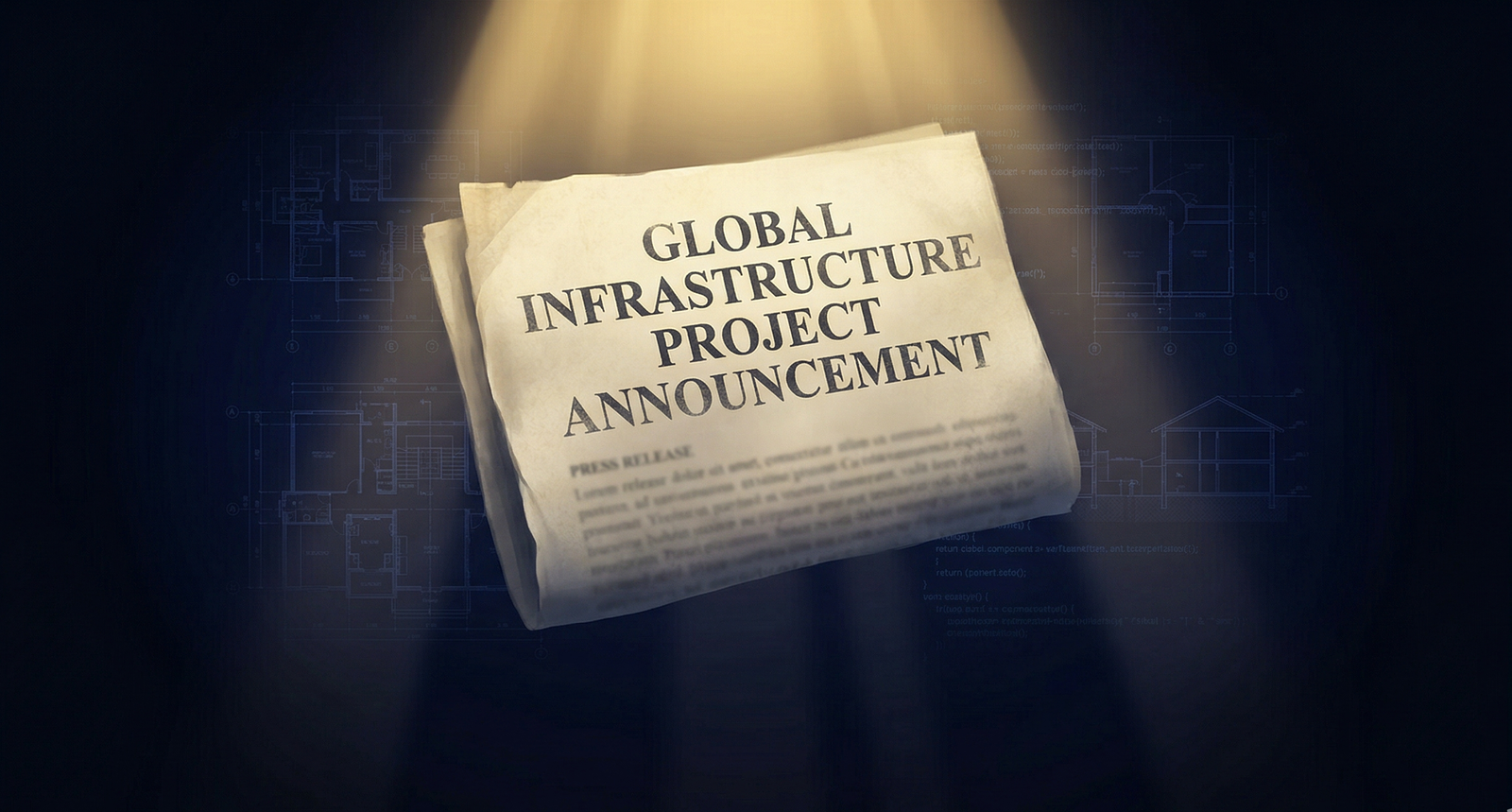 A press release illuminated by a golden spotlight against a dark background