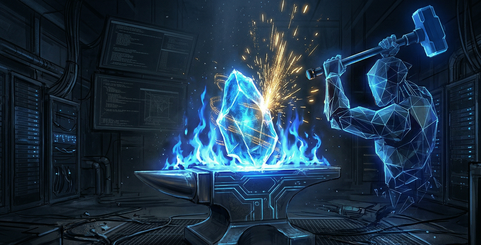 An AI figure forging an idea on a digital anvil with sparks flying