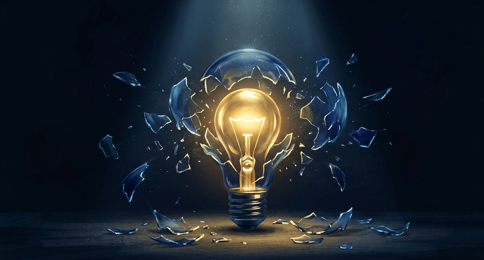 A lightbulb shattering with a brighter refined bulb emerging from within