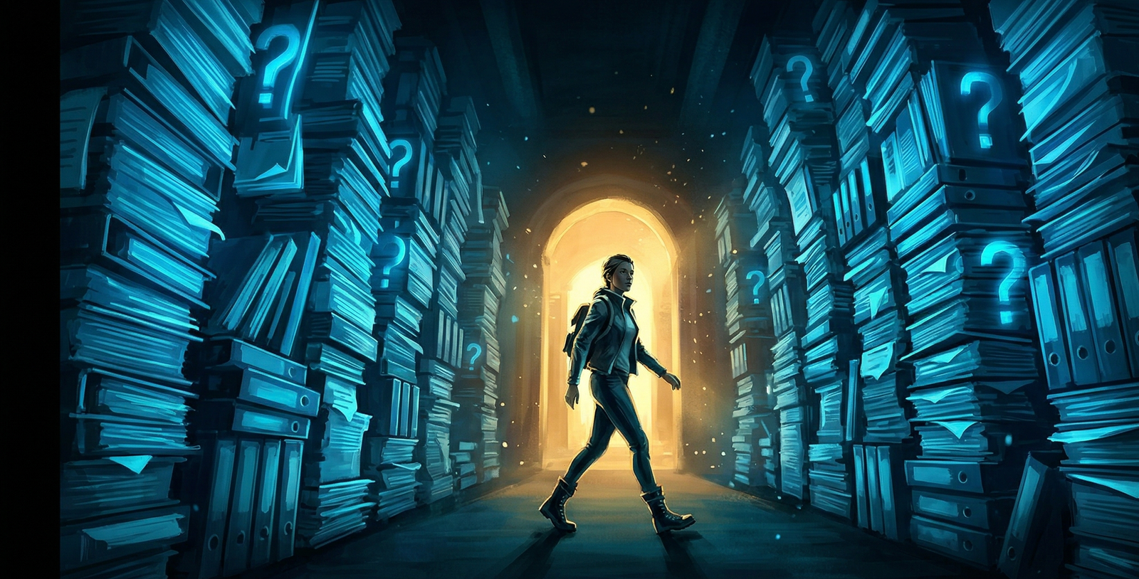 A person walking through a gauntlet corridor of glowing documents toward golden light