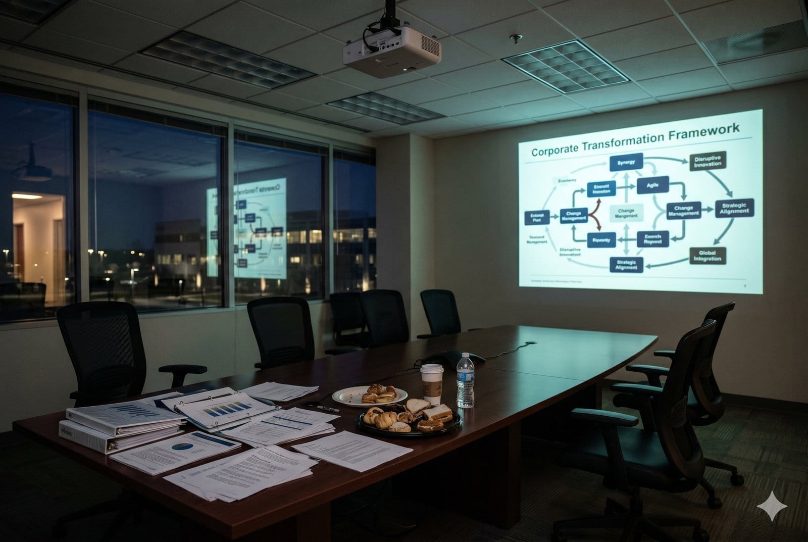 A dimly lit corporate boardroom after a transformation workshop has ended, with a generic framework diagram still projected on the wall and nobody in the chairs.
