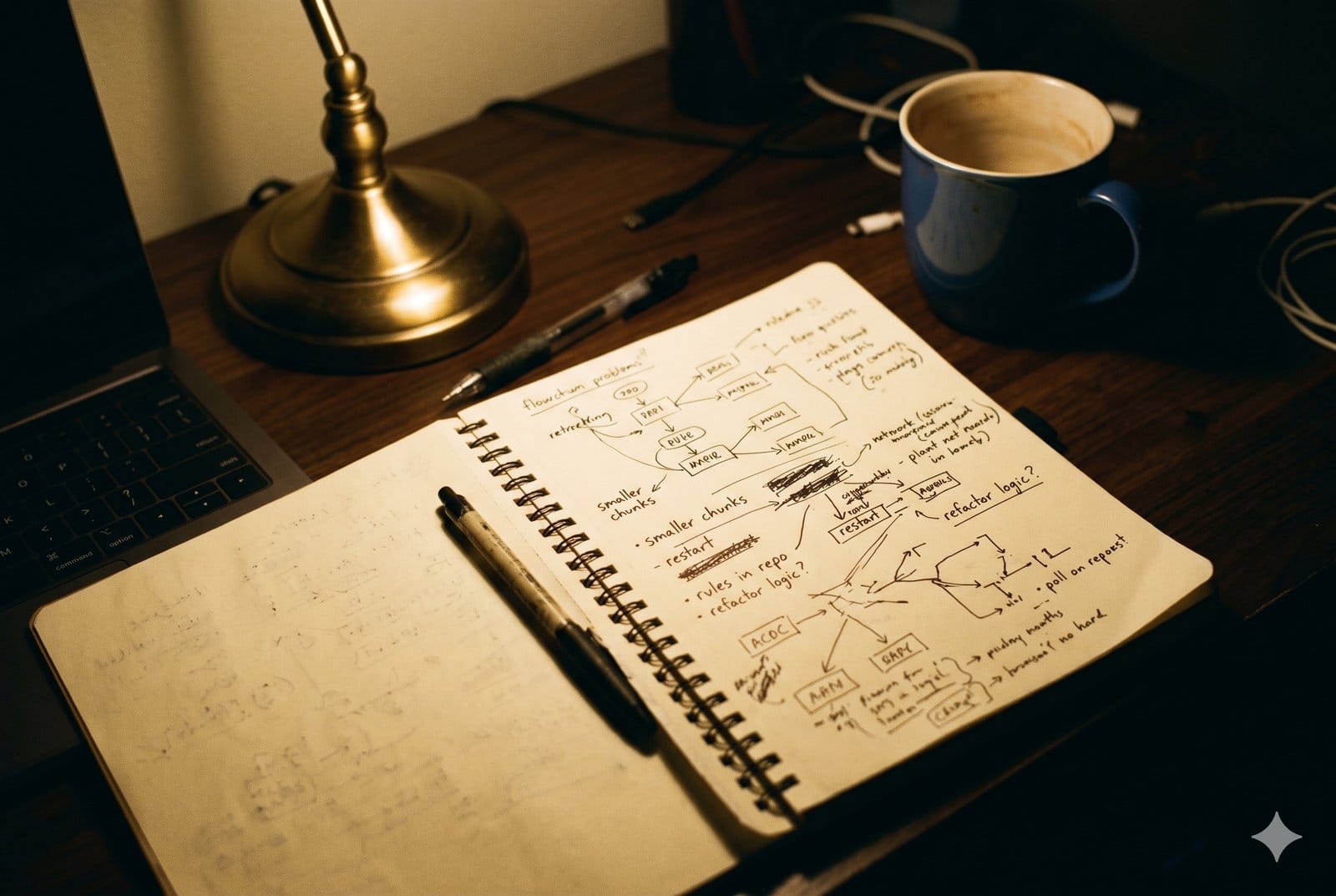 A handwritten notebook under a warm desk lamp, covered in diagrams, arrows, and notes about implementation plans, context management, and restart cycles.