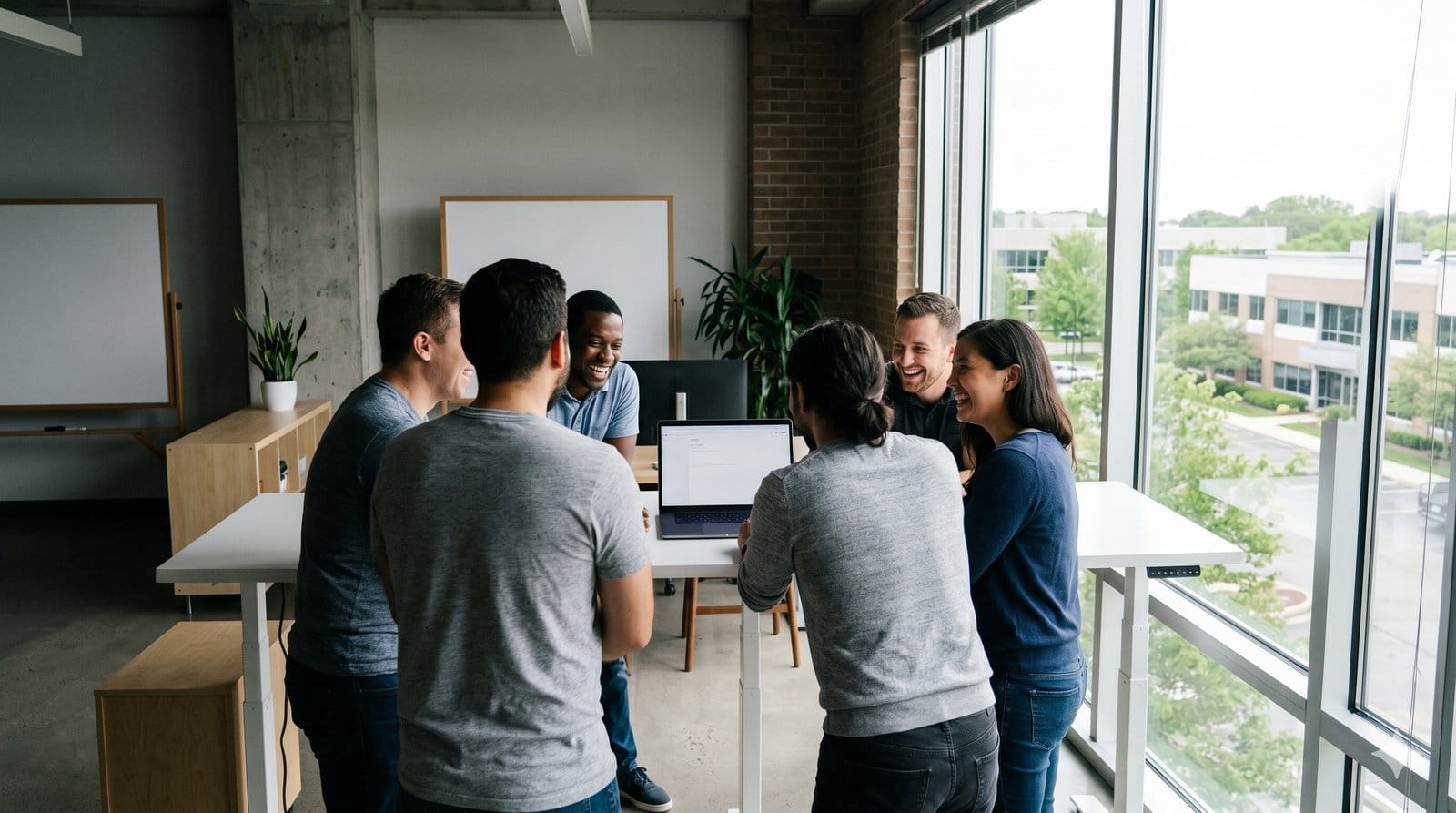 A small engineering team gathered around a laptop at a standing desk in a bright modern office, laughing about something they have just figured out together.