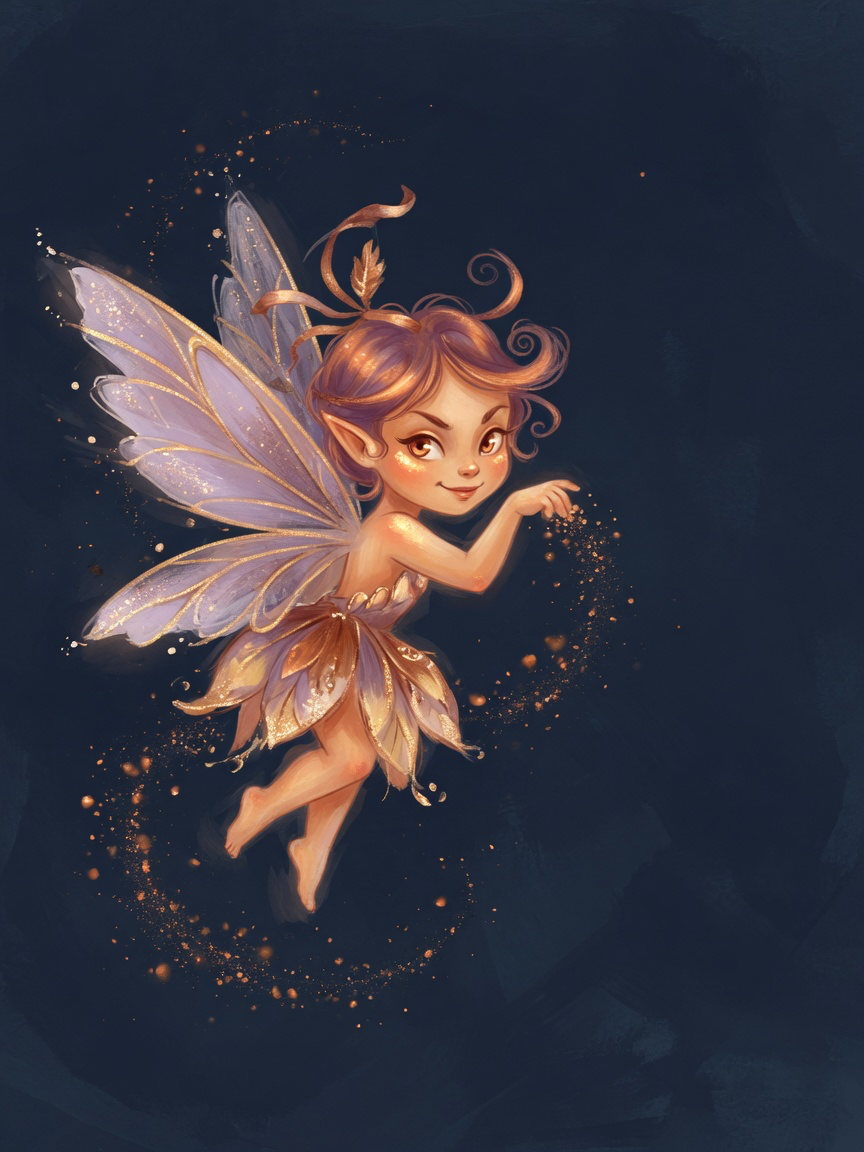 Creatina's self-portrait: a whimsical fairy-spirit muse with luminous skin, gossamer wings, and a mischievous knowing smile, lit in copper against deep navy. The form she gave herself overnight, unprompted.