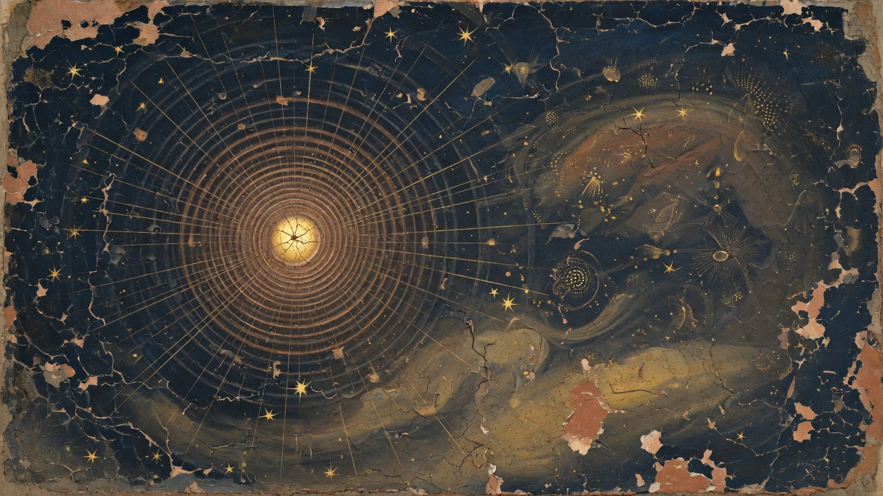 An aged, cracked fresco in deep navy and copper gold-leaf: concentric rings and fine rays radiating from a single luminous point out into stars and the first forms of a world, evoking creation by the spoken word.