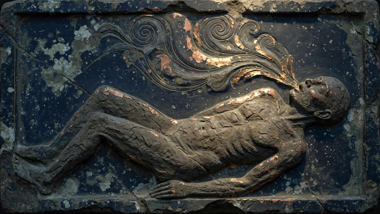 An aged stone bas-relief in navy and copper gold-leaf: a reclining figure formed from earth, a stream of breath flowing into it, the moment a made being first receives life.