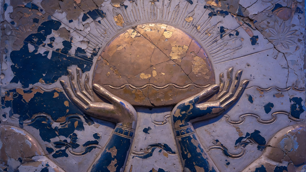 An aged temple relief in navy and copper gold-leaf: two upraised hands lifting a great sun disk at the horizon, the sun reborn at dawn after its passage through the night.
