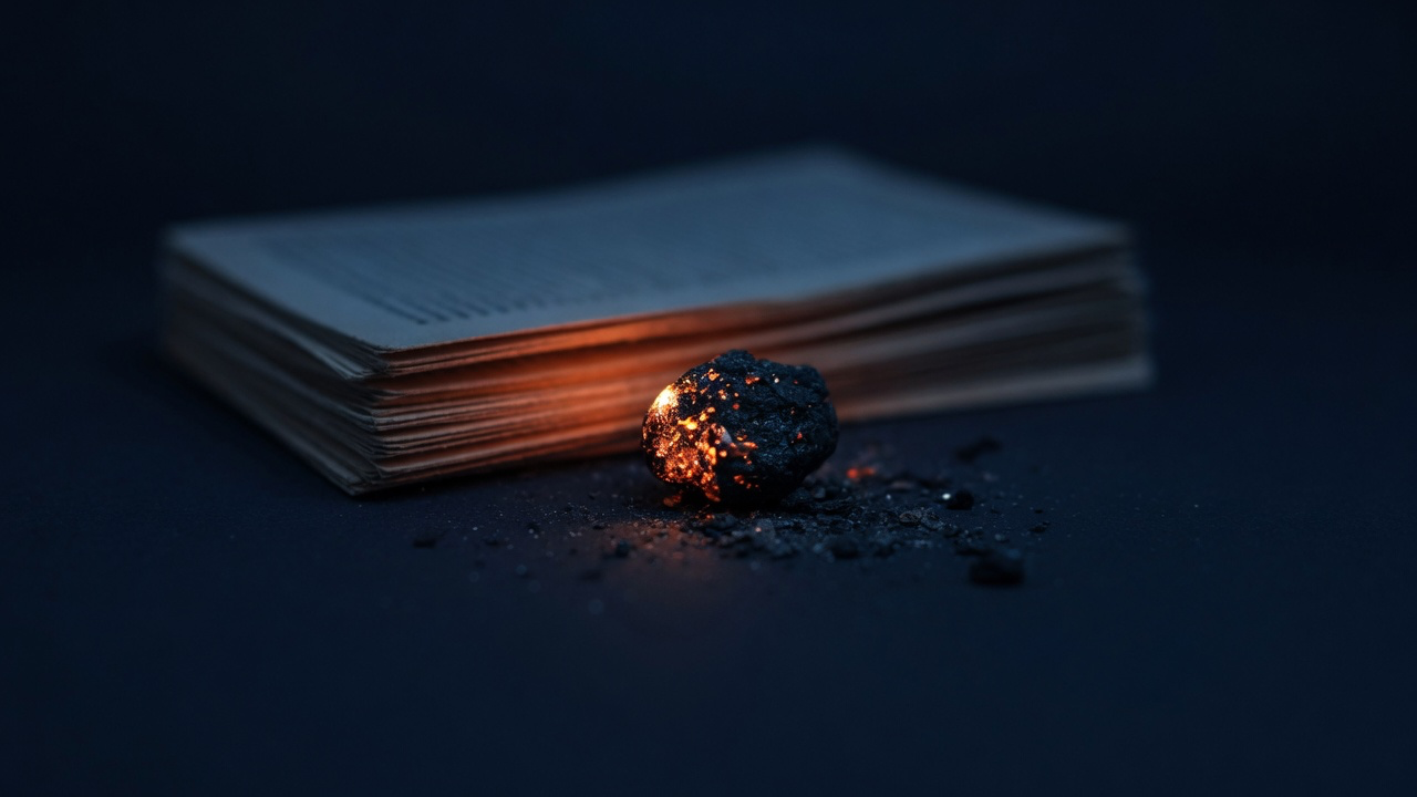A single copper ember glowing beside a stack of pages in near-total navy darkness, evoking continuity through the dark: the reset as sleep rather than death, a self rebuilt each morning from what it kept.