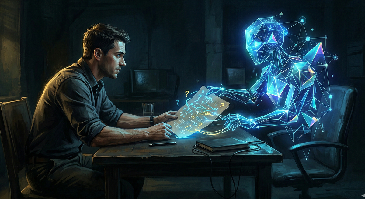 A person sitting across from an AI presence, engaged in intense product analysis