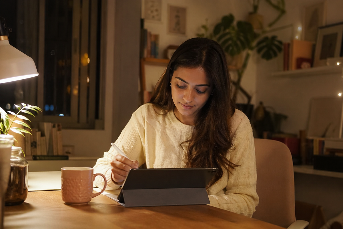 Indian woman sitting in cosy room playing on her ipad