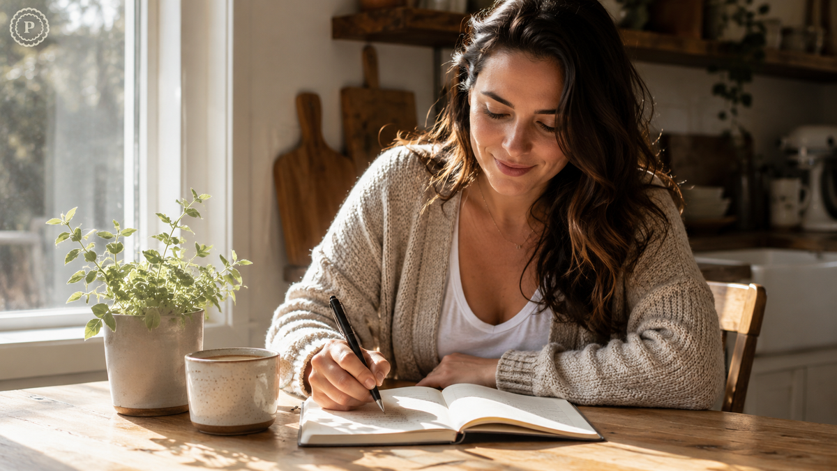 Woman writing in a journal at a sunny kitchen table with coffee and plants nearby.