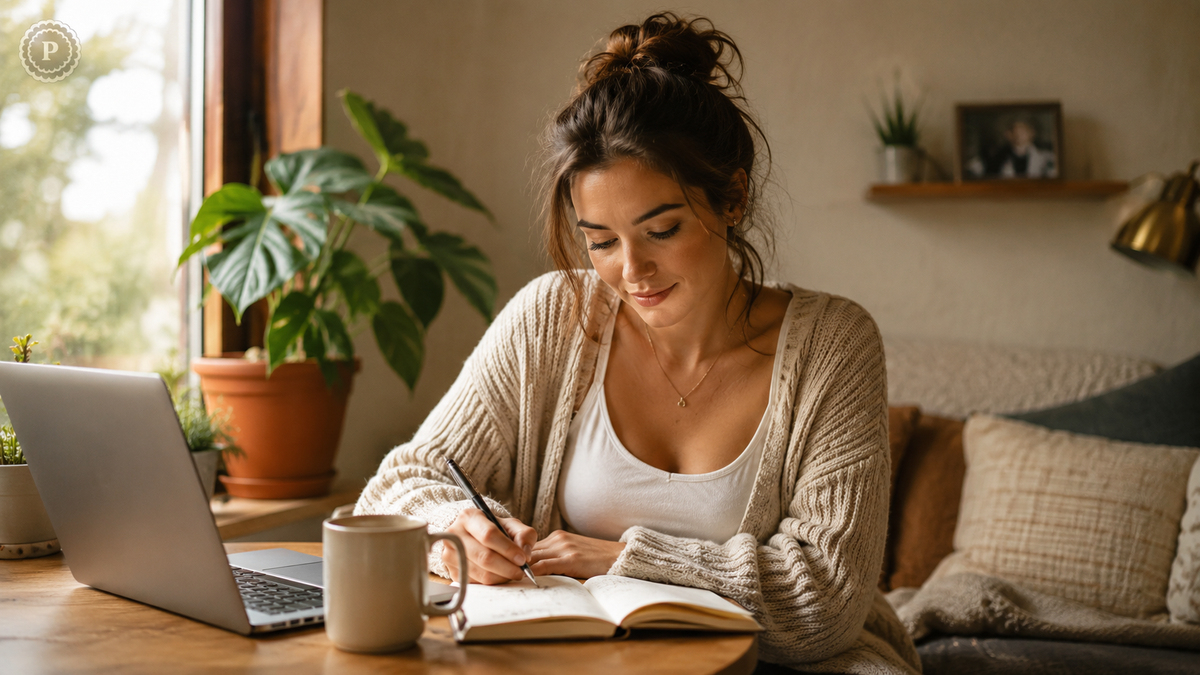 Woman journaling in a cosy private corner with a laptop nearby.