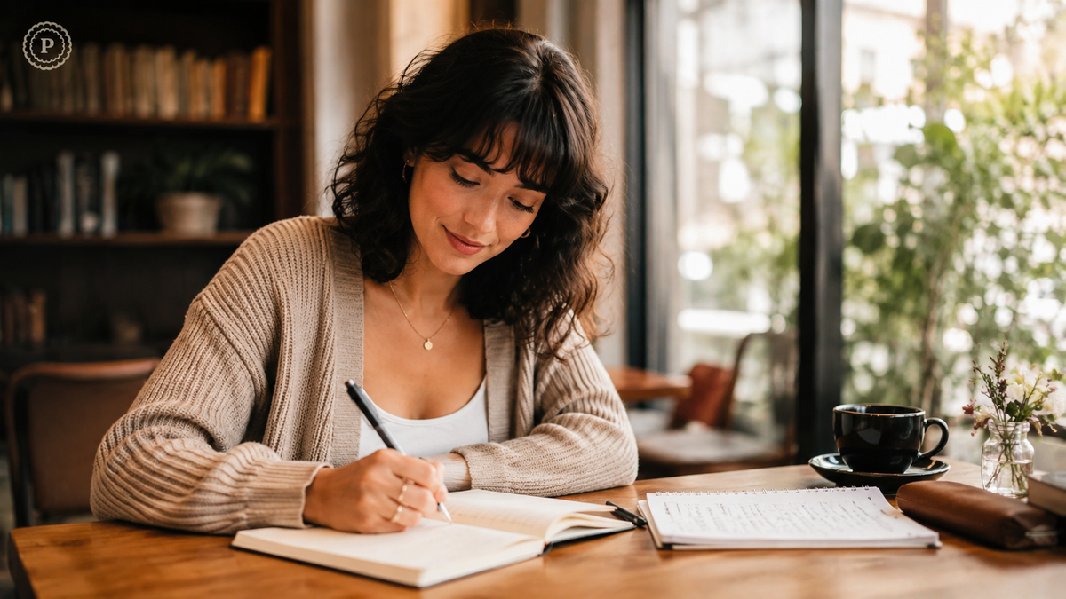 Woman writing in a notebook at a warm study table with other writing materials nearby.