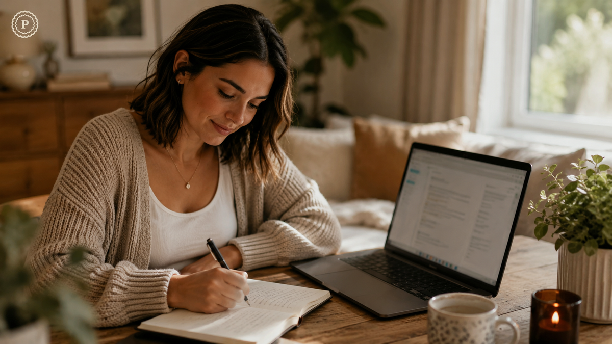 Woman writing in a journal beside an open laptop in a cosy home office.