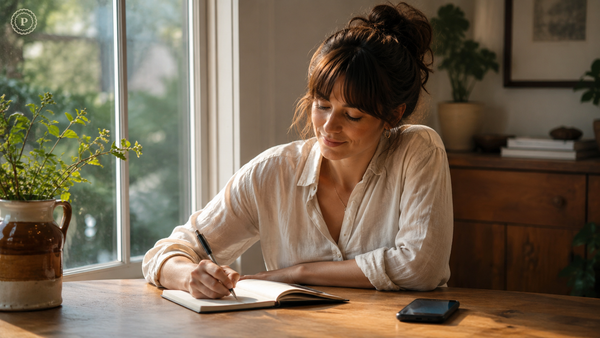 Woman journaling near a window with her phone placed nearby.