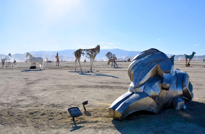 A variety of horse-themes sculptures, set in the middle of a desert.