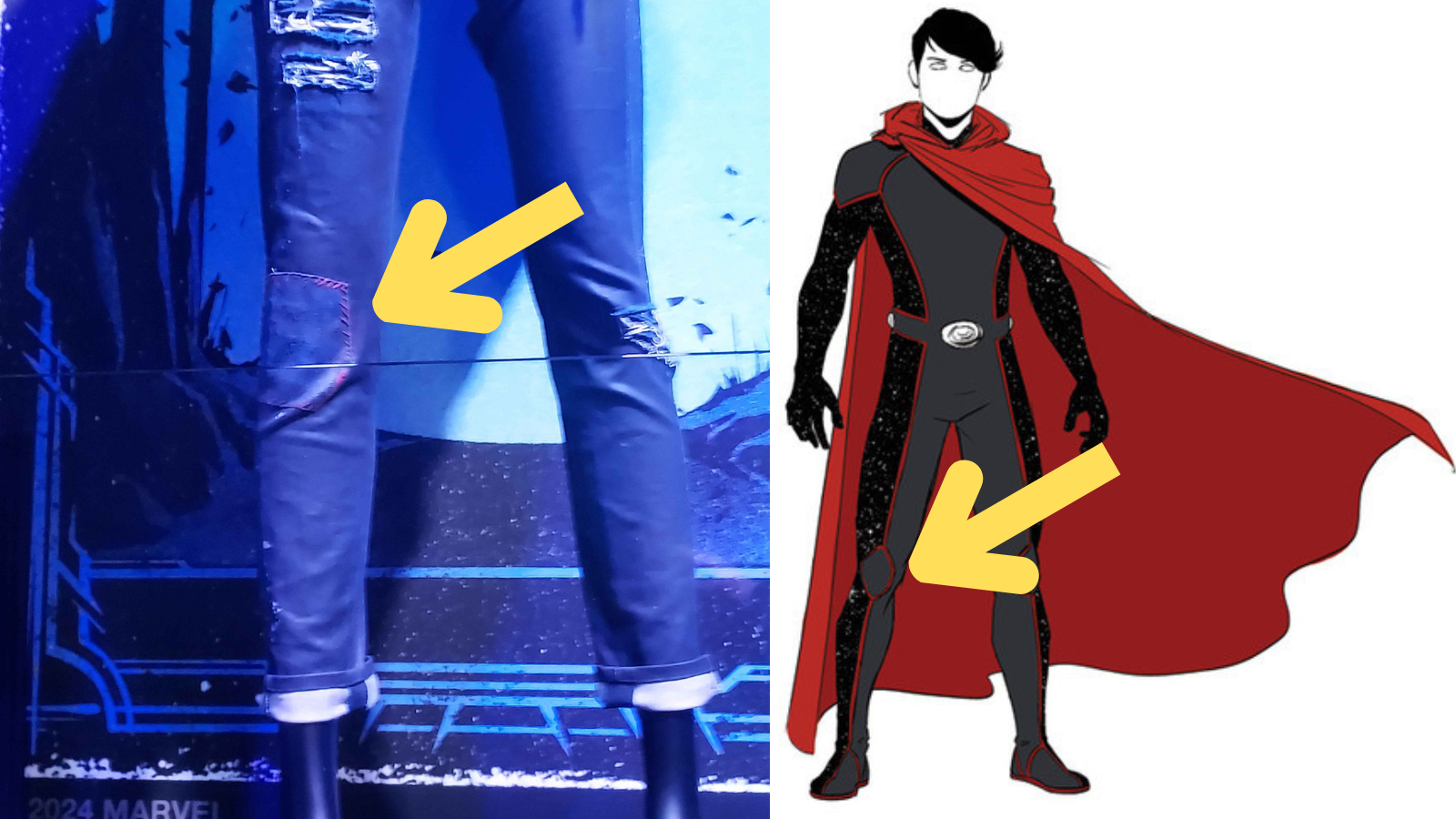 A close up of Billy's pants showing red thread around a patch on the knee and a picture of the concept art for Wiccan's outfit in the comics which highlights the red piping around the knees.