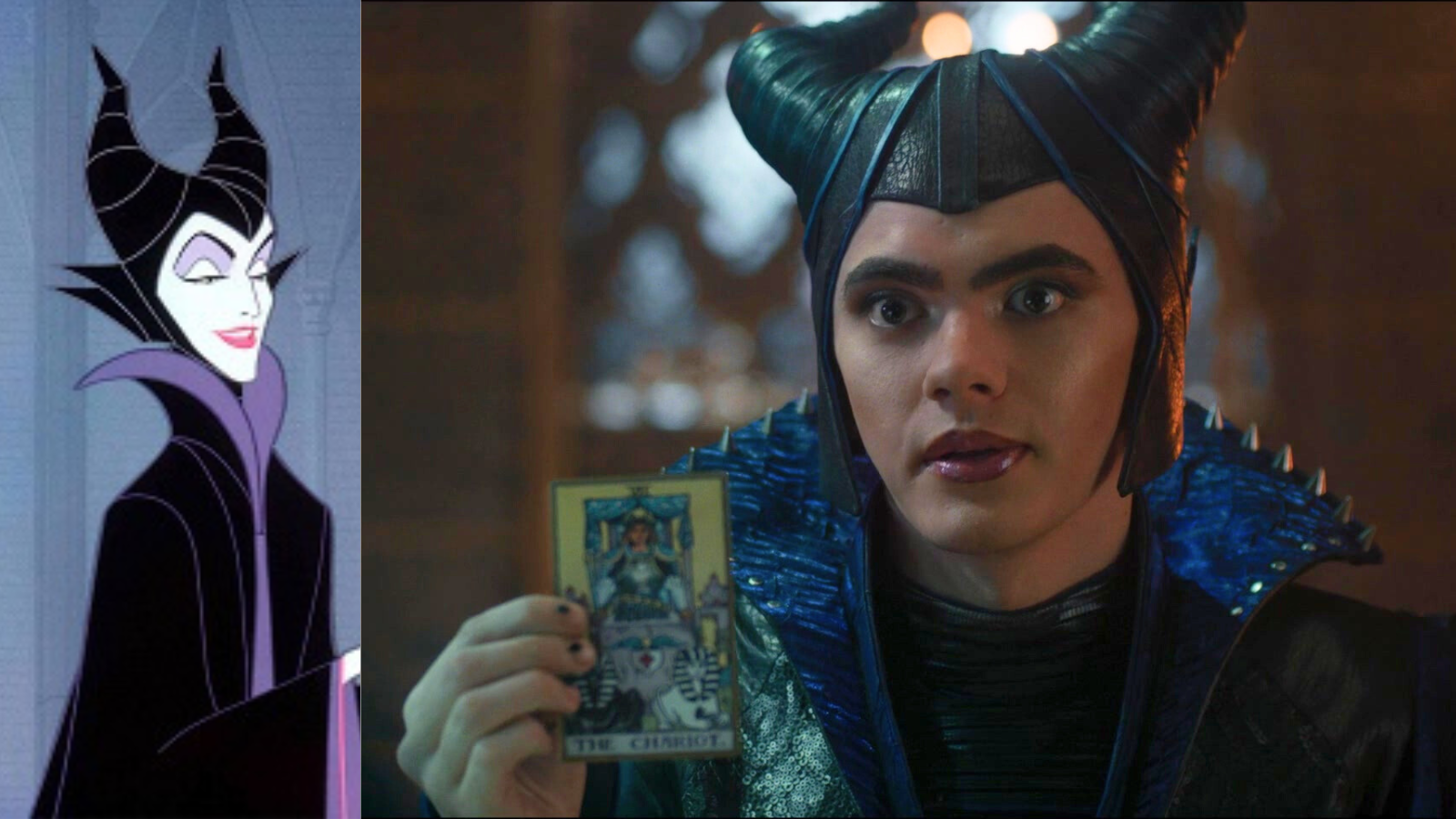 Maleficent as she appears in the Sleeping Beauty cartoon and Billy dressed as Maleficent during Lilia's trial.