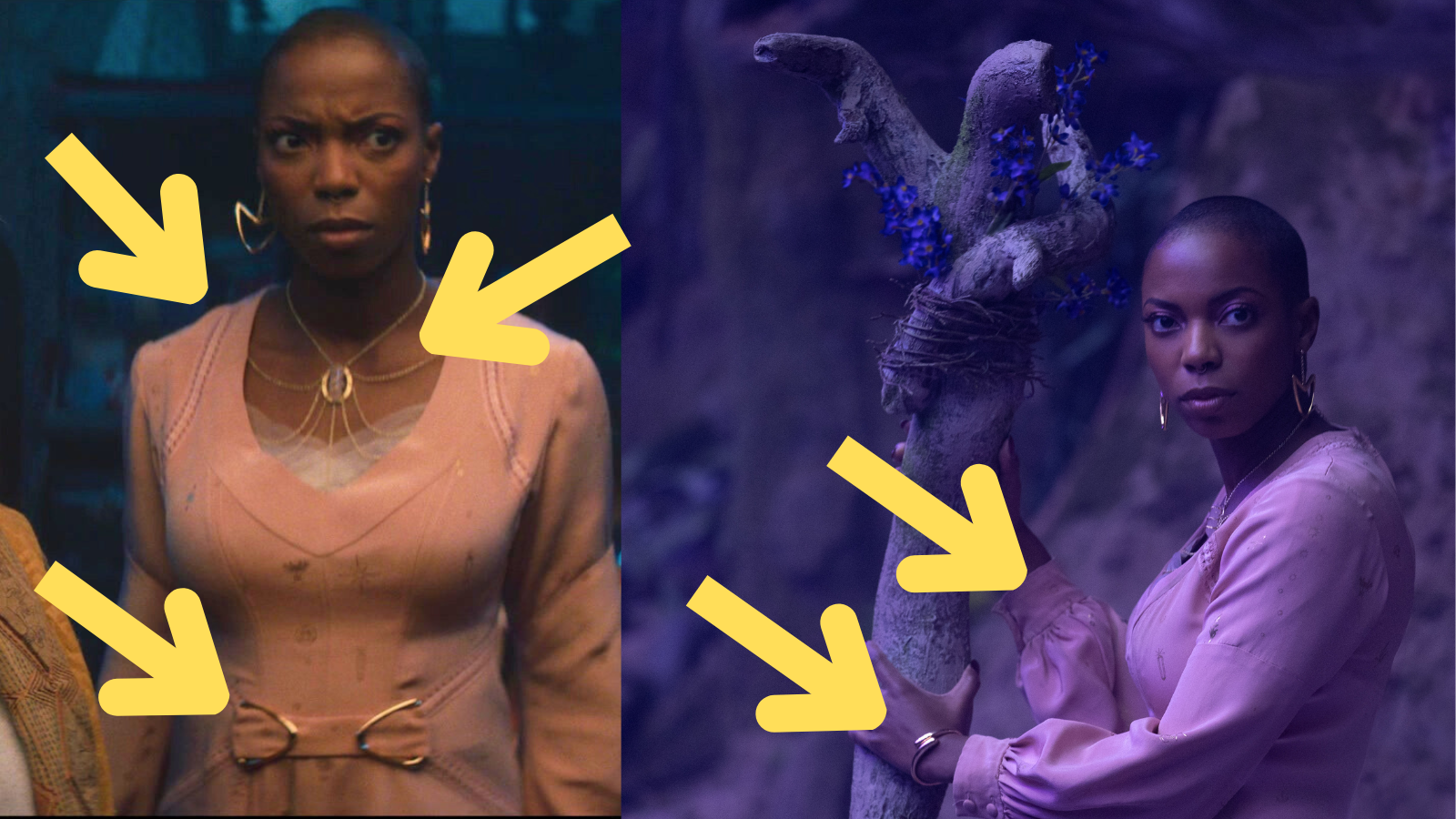 Two pictures of Jennifer Kale's dress with arrows pointing out the features mentioned in the paragraph below.