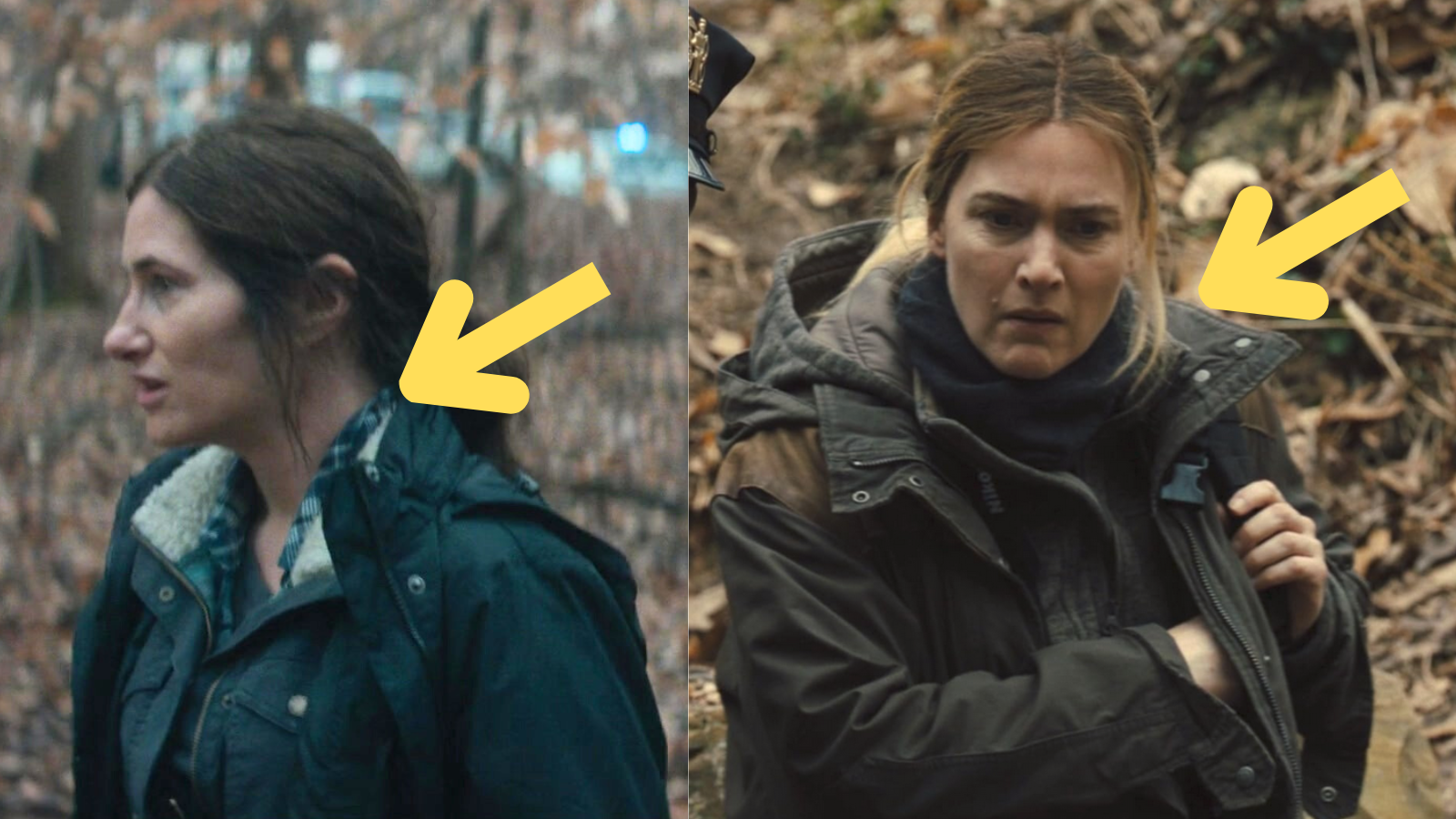 Agatha and the lead of Mare of Easttown in similar outfits, only Agatha's outfit has visible plaid.