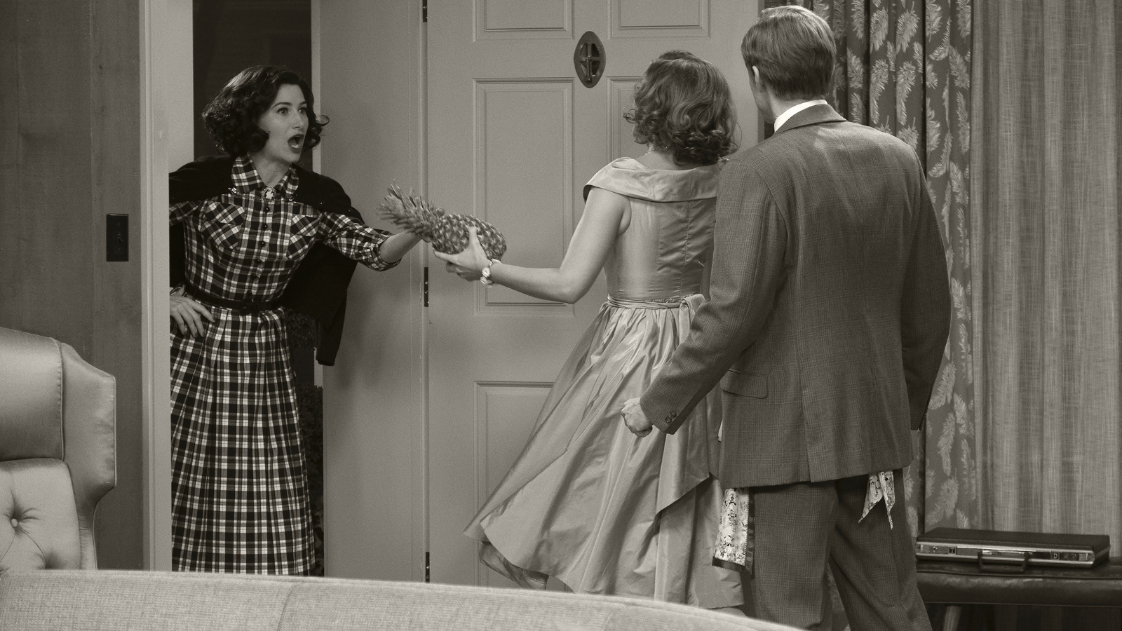 Agatha on WandaVision wearing a distinctive plaid dress.
