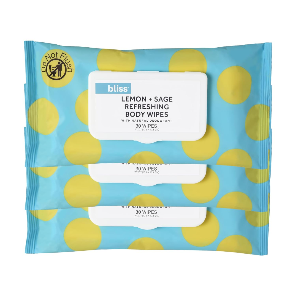 Three packs of Bliss Lemon & Sage body wipes