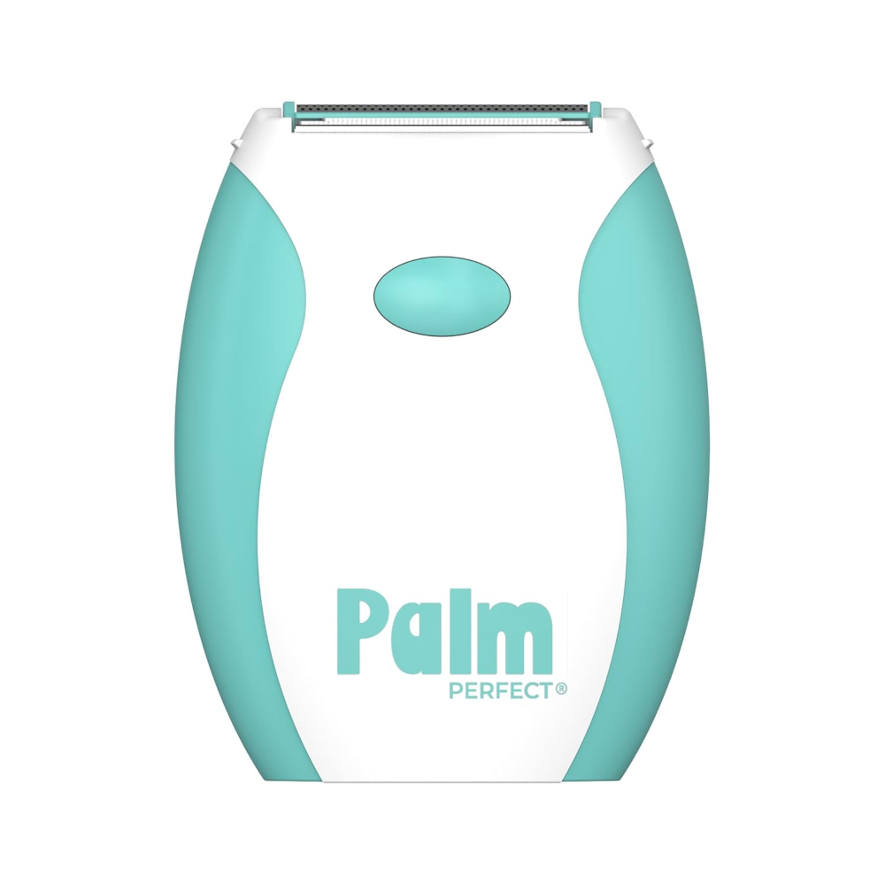 A PalmPerfect electric shaver in a light teal color.