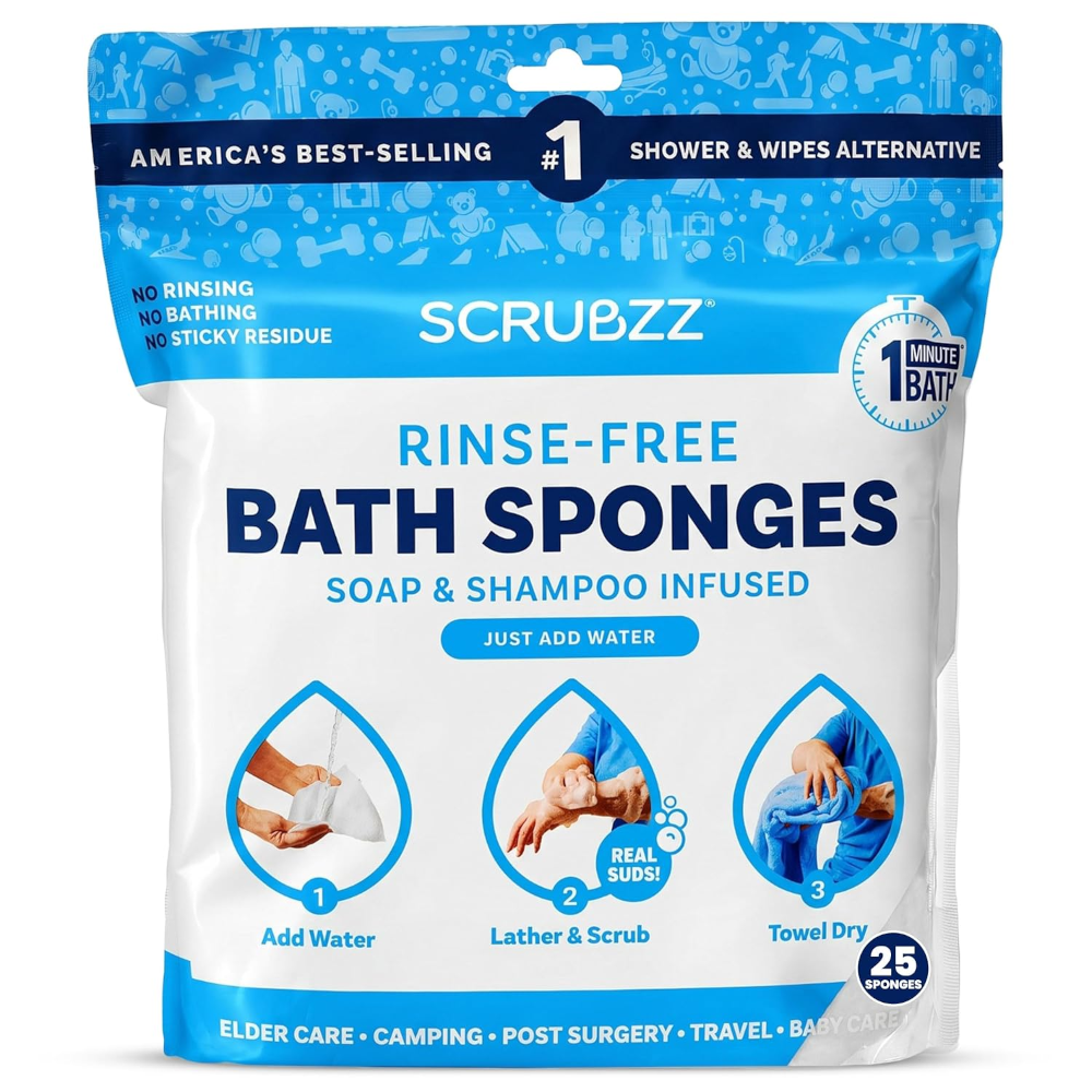 A package of Scrubzz rinse free sponges