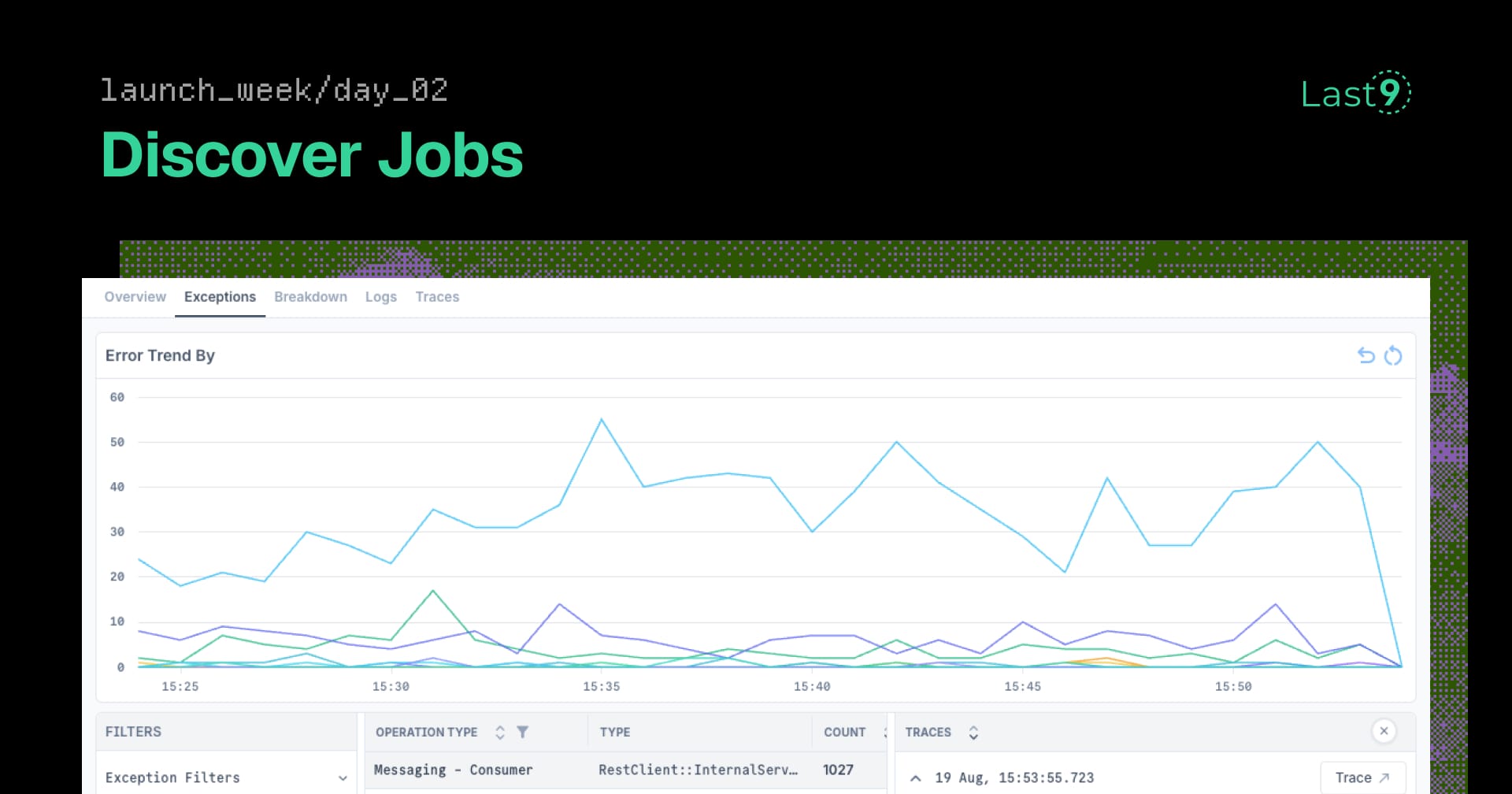 Last9 launch week day 2 banner featuring background job monitoring with exception trend analysis