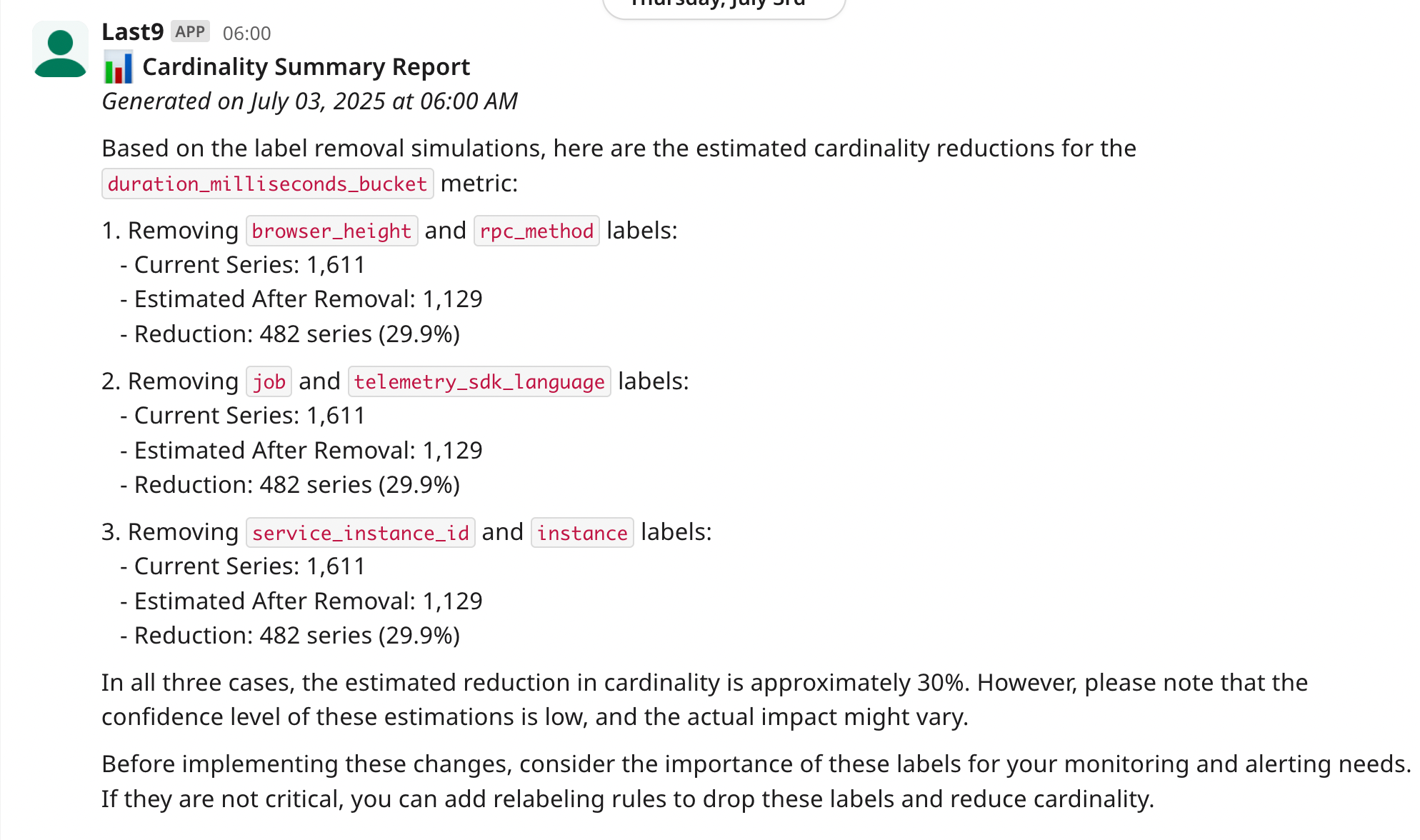 Slack integration example showing Last9 AI agent providing observability insights in chat