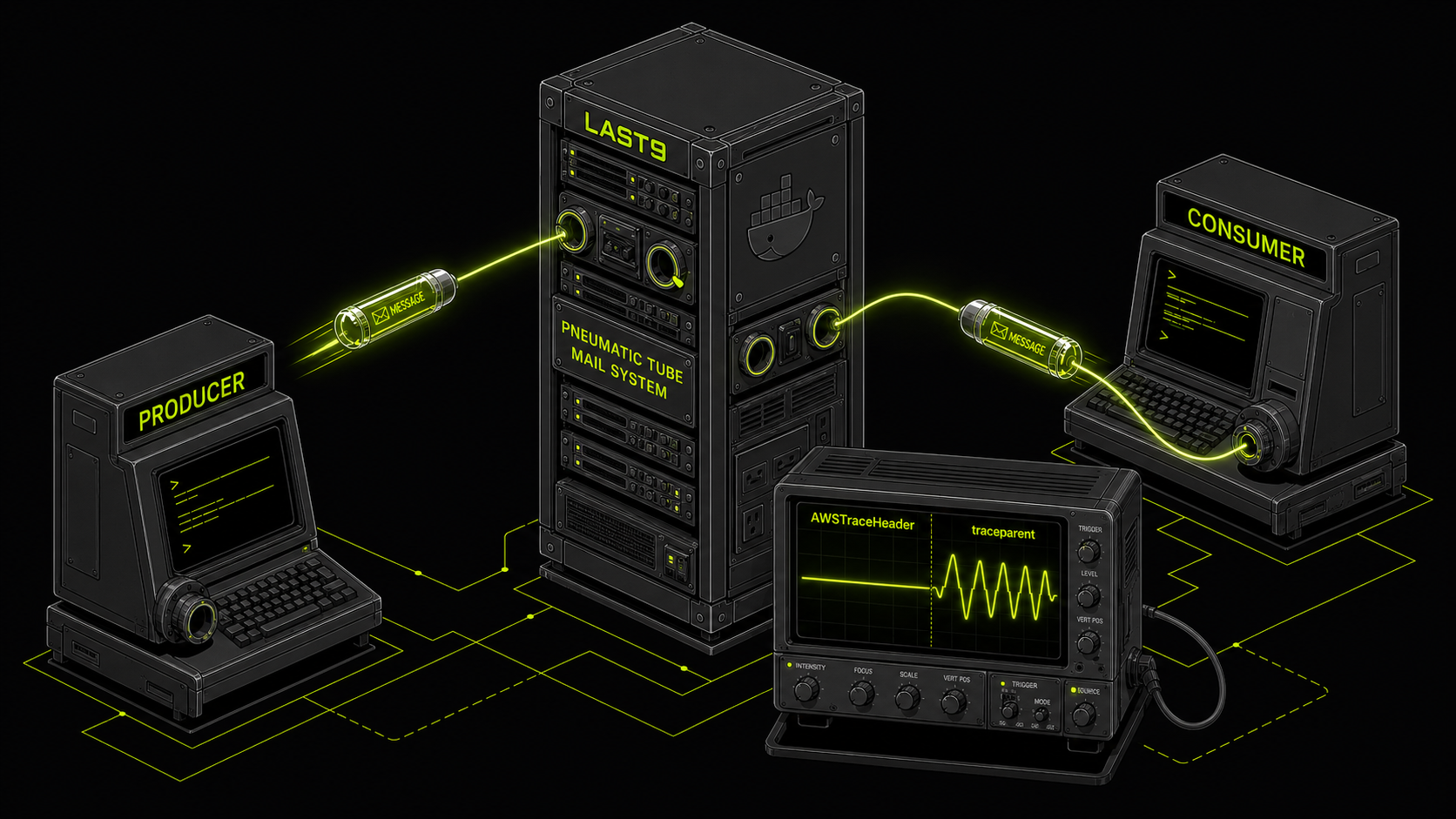 Isometric retro diagram showing SQS message propagation from producer to consumer via LocalStack, with oscilloscope showing AWSTraceHeader vs traceparent OpenTelemetry trace context