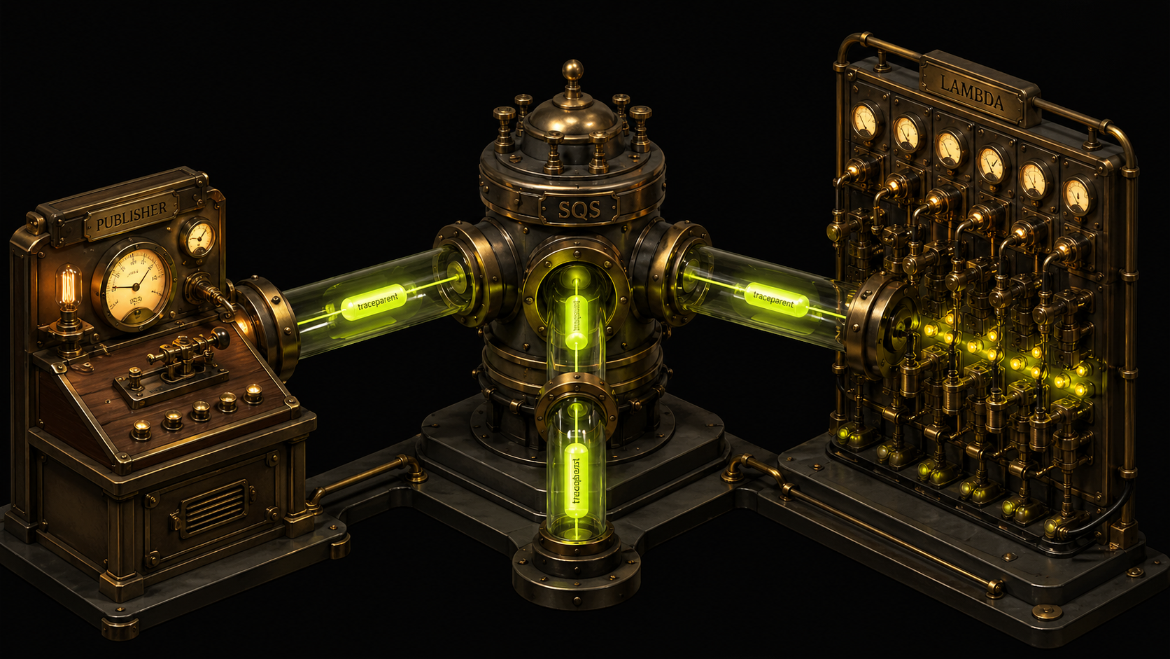 OpenTelemetry trace propagation across SQS and Lambda — publisher injects traceparent into MessageAttributes, Lambda consumer extracts it to link spans into one trace waterfall