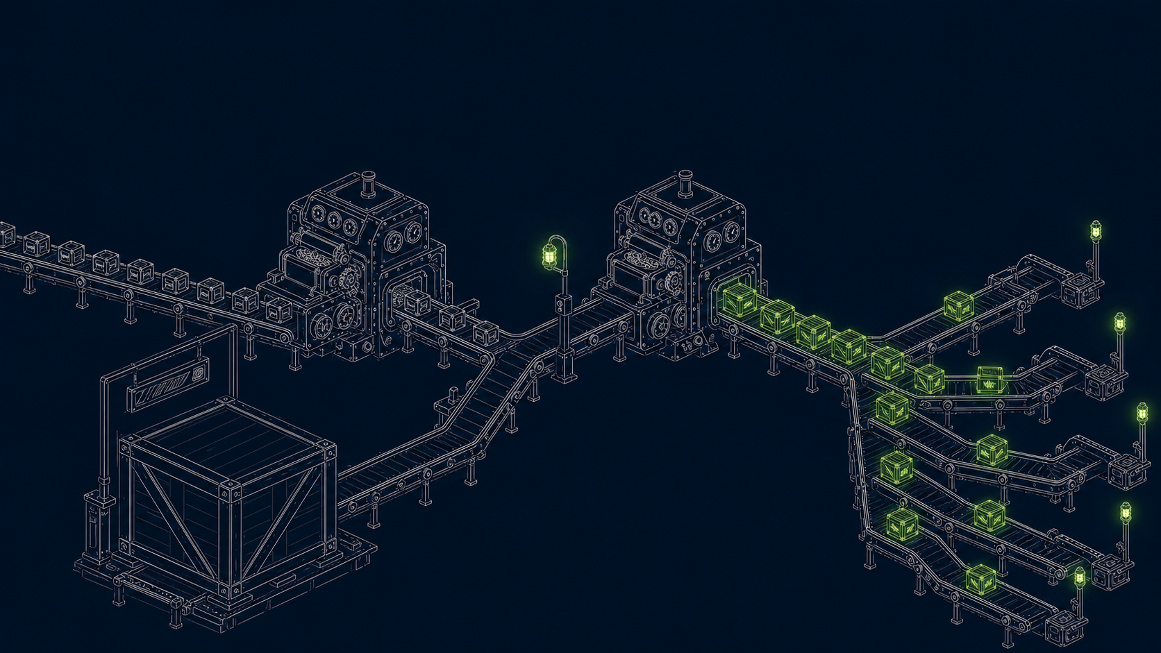 Isometric line illustration of ECS containers collapsing under one aws_ecs label vs distinct service names after fixing service.name in the OpenTelemetry Collector