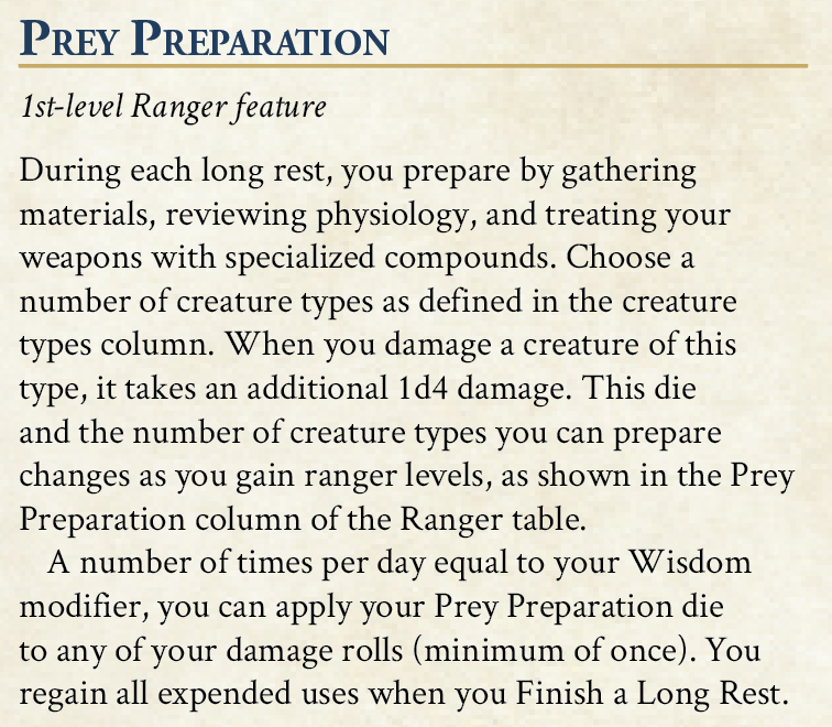 Prey Preparation Level 1 Ranger Feature