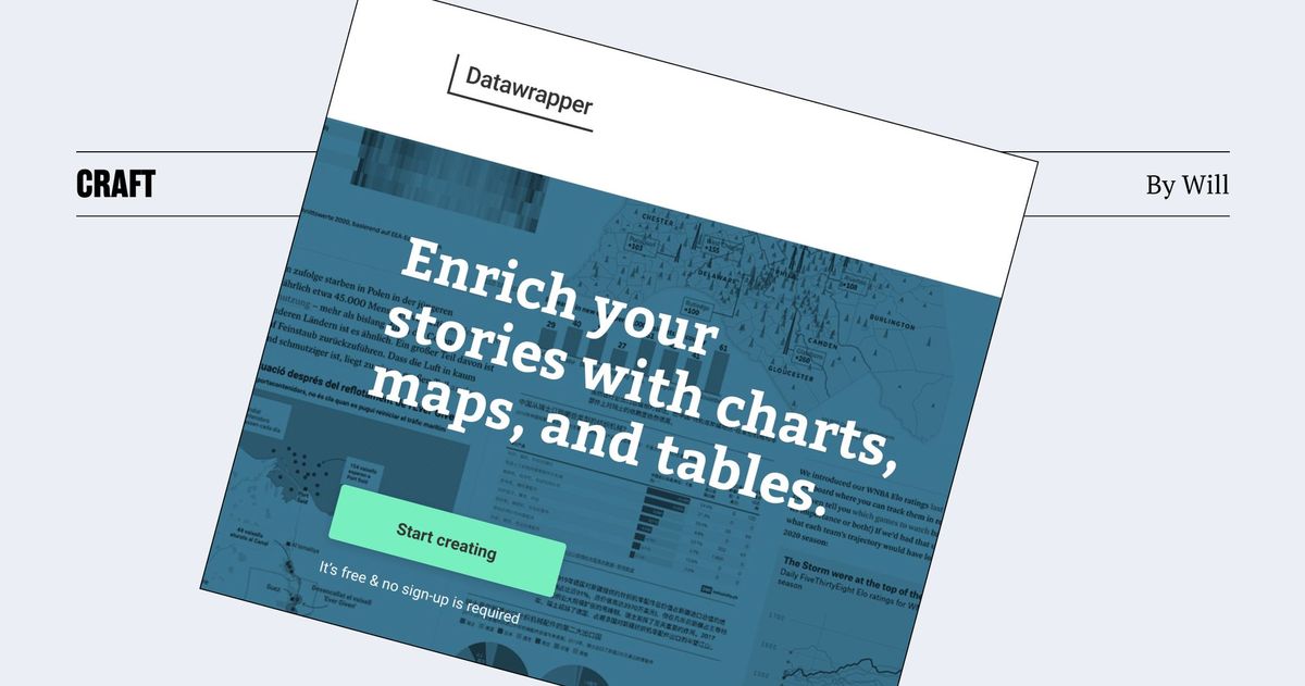A screenshot of the datawrapper homepage. Text reads "Craft, by Will"