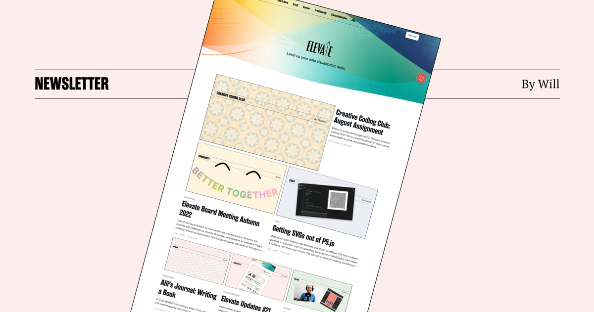 A screenshot of the elevate homepage, text reads "Newsletter, by Will"