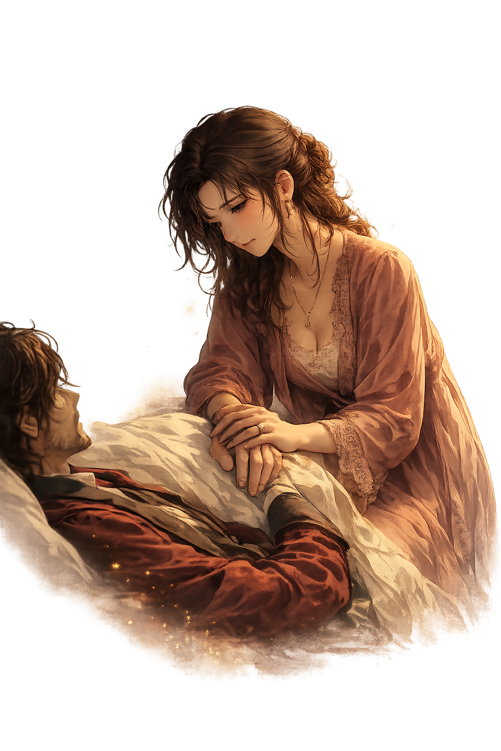 Ilustração original de Sofia a segurar a mão de Ethan enquanto ele está deitado, representando cuidado, amor e impotência.