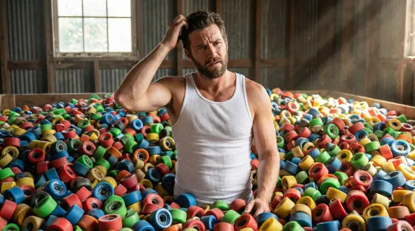 Man standing in a large pile of colourful roller skate wheels inside a workshop, appearing thoughtful while choosing the righ