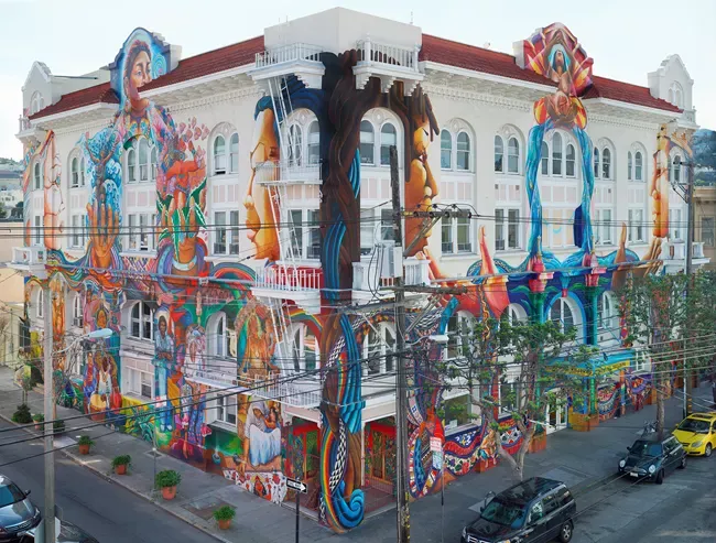 MAESTRAPEACE, corner view, mural on The San Francisco Women's Building, 18th and Valencia Streets. Juana Alicia, Edythe Boone, Miranda Bergman, Susan Cervantes, Meera Desai, Yvonne Littleton and Irene Perez, © 1994, 2000, 2010. All rights reserved. Mural images courtesy of the artists.