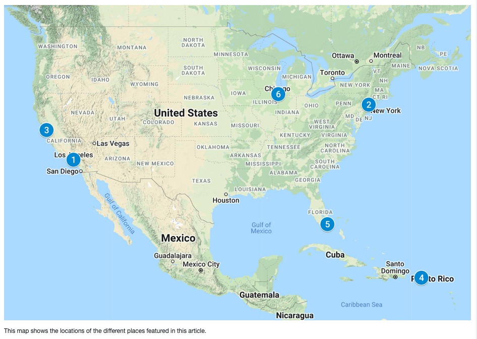 A map of the United States and Puerto Rico with numbers corresponding to the locations of each site in this article marked on the map.