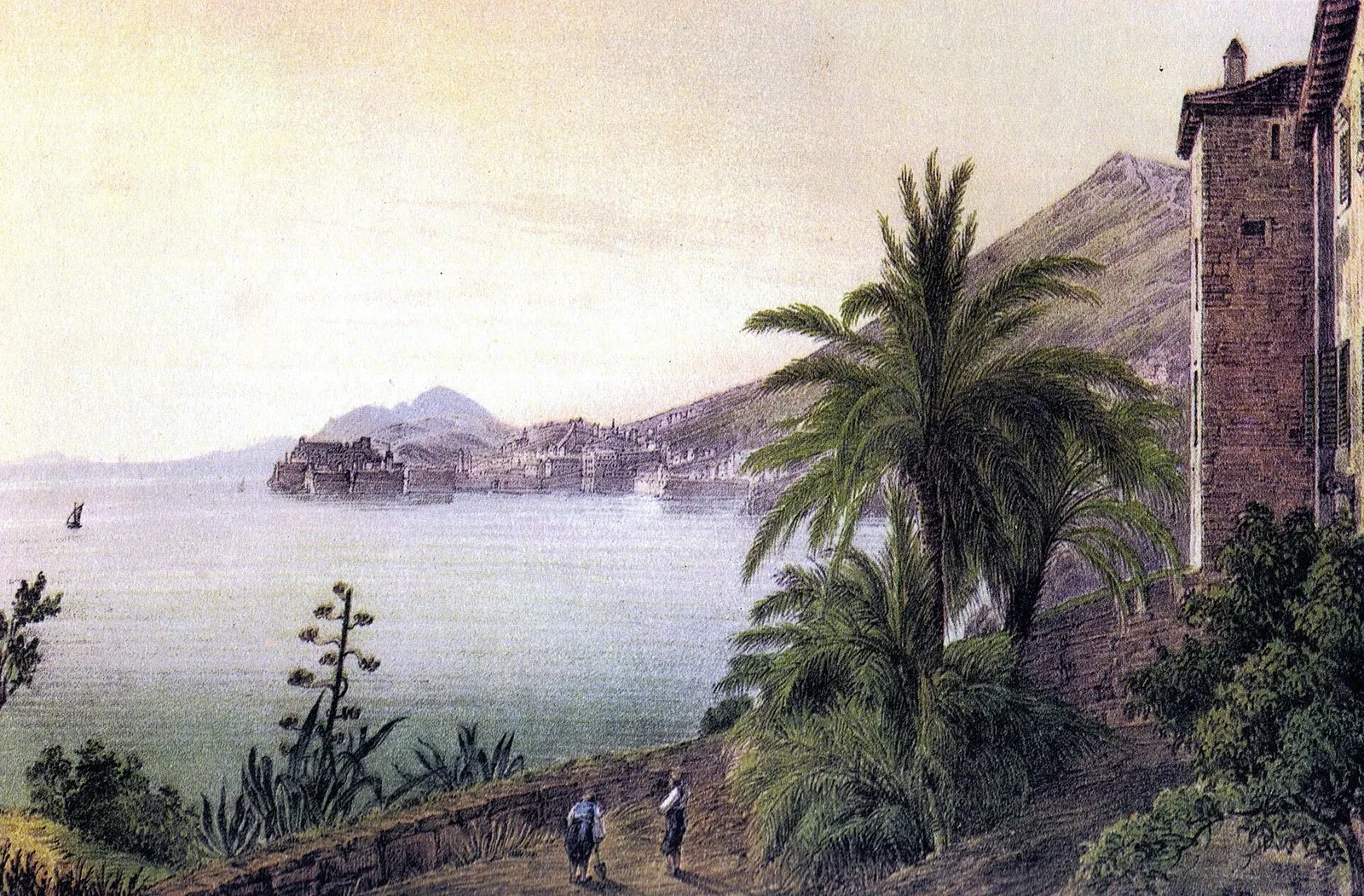 Historical view across Dubrovnik’s bay, with coastal buildings, a small sailing vessel and figures on a shore path.