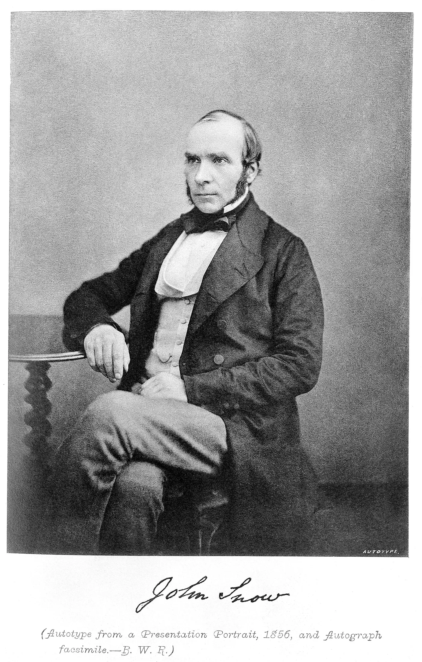 Historical portrait of John Snow seated beside a small table.