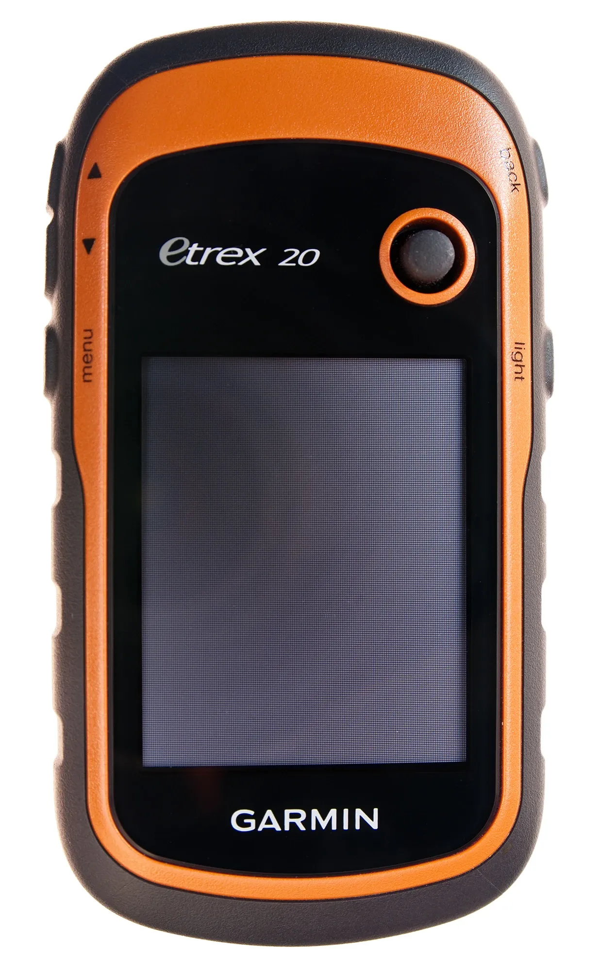 An orange and black handheld satellite navigation receiver on a white background.