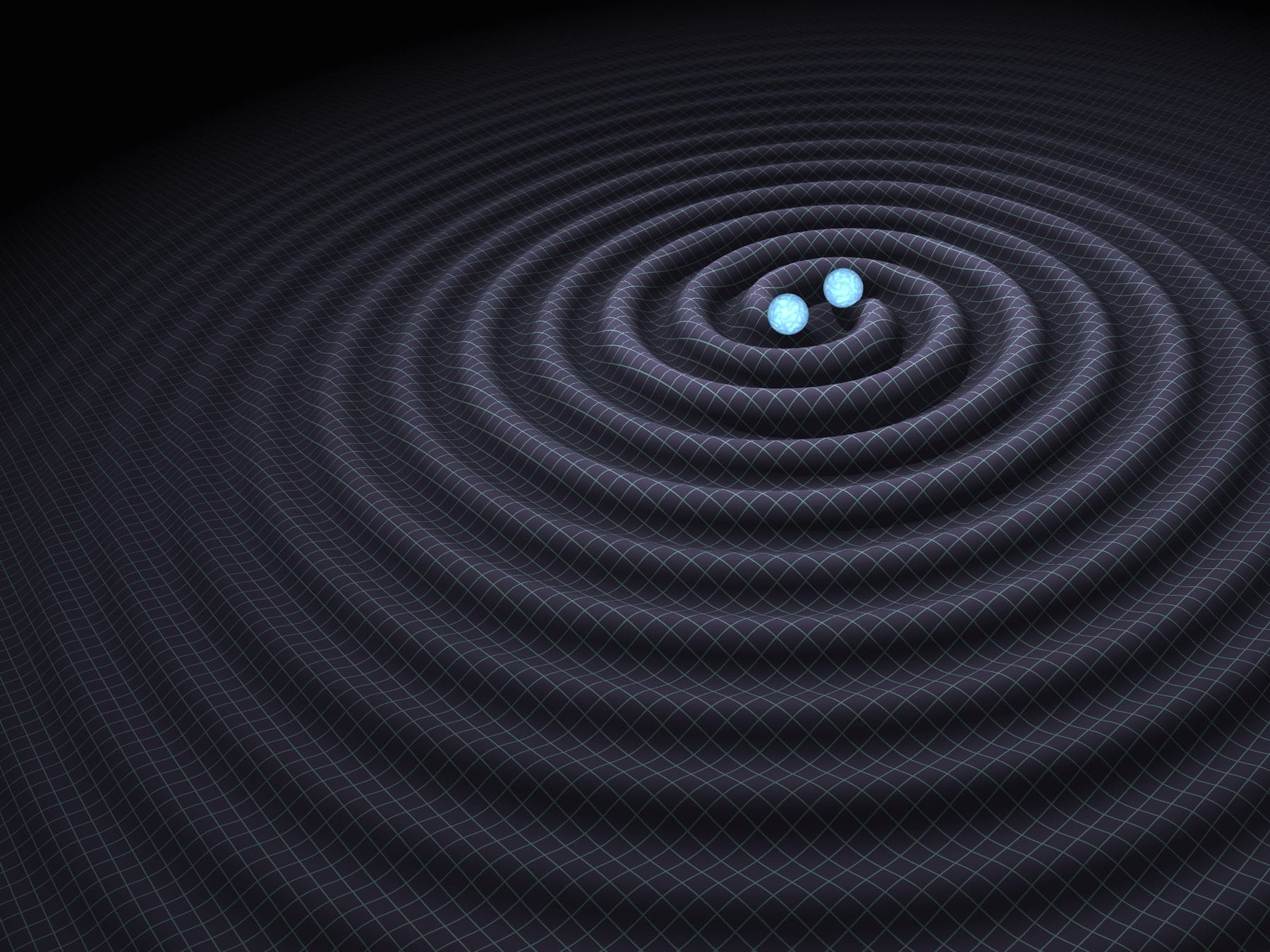 Illustration of two black holes merging, with a warped grid representing spacetime and outward ripples representing gravitational waves.