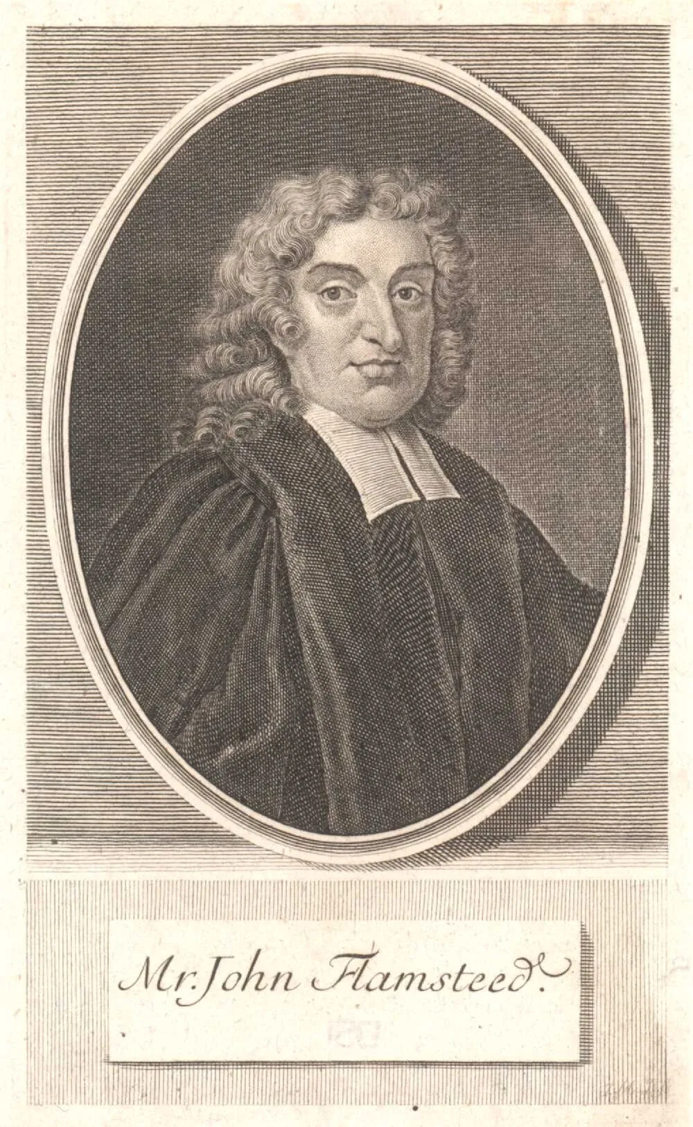 Historic engraved portrait of John Flamsteed in clerical dress, enclosed by an oval border.