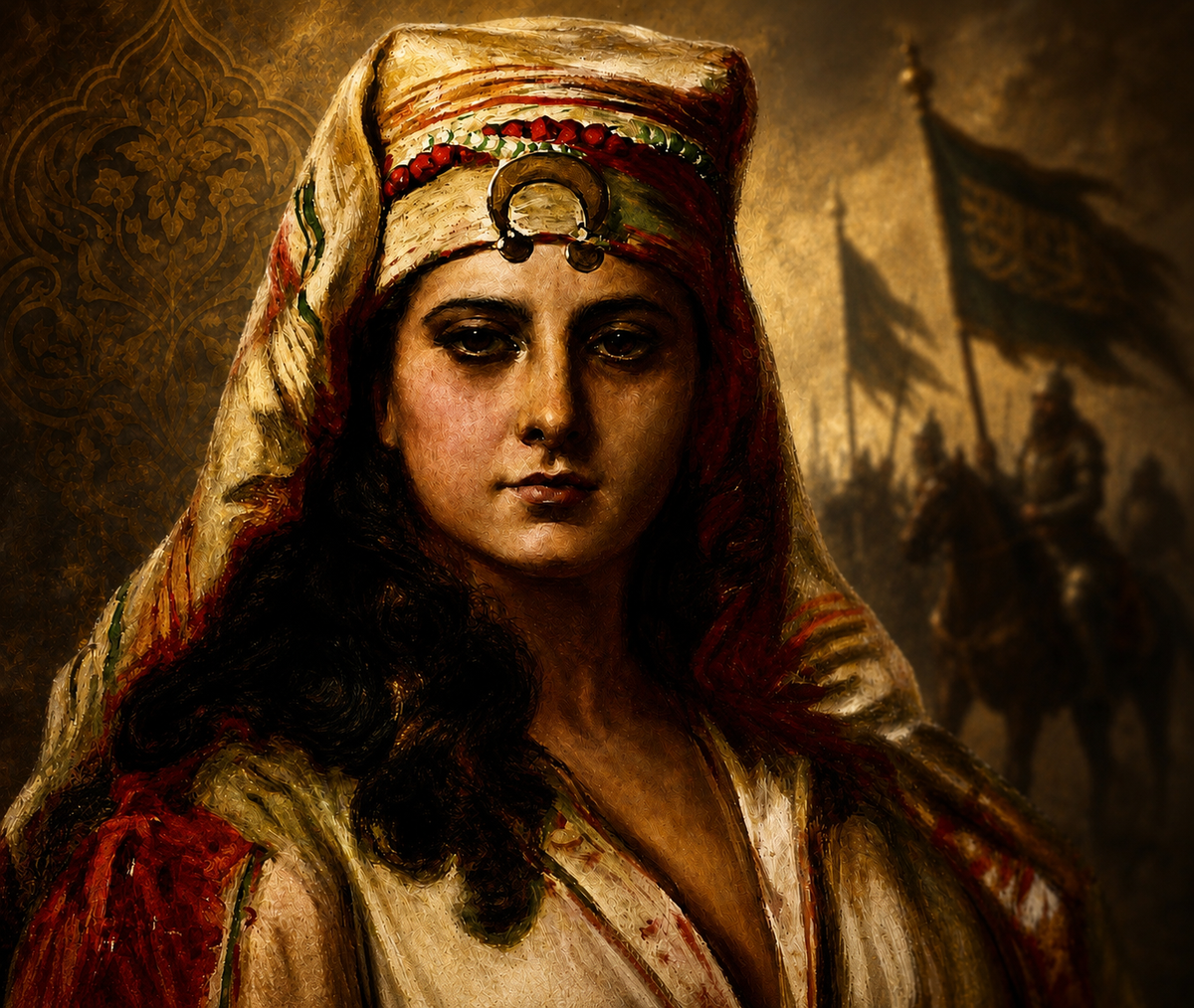 Illustrated portrait of Shajarat al-Durr in ornate gold and red dress, with banners in the background.