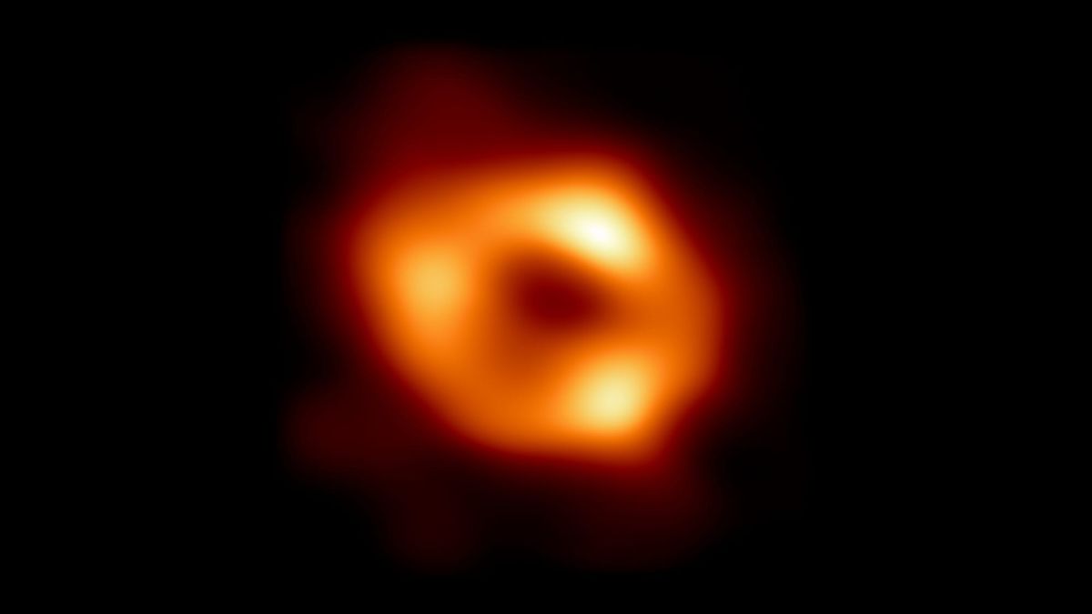 EHT image of Sagittarius A*: a bright orange ring around a dim central region.